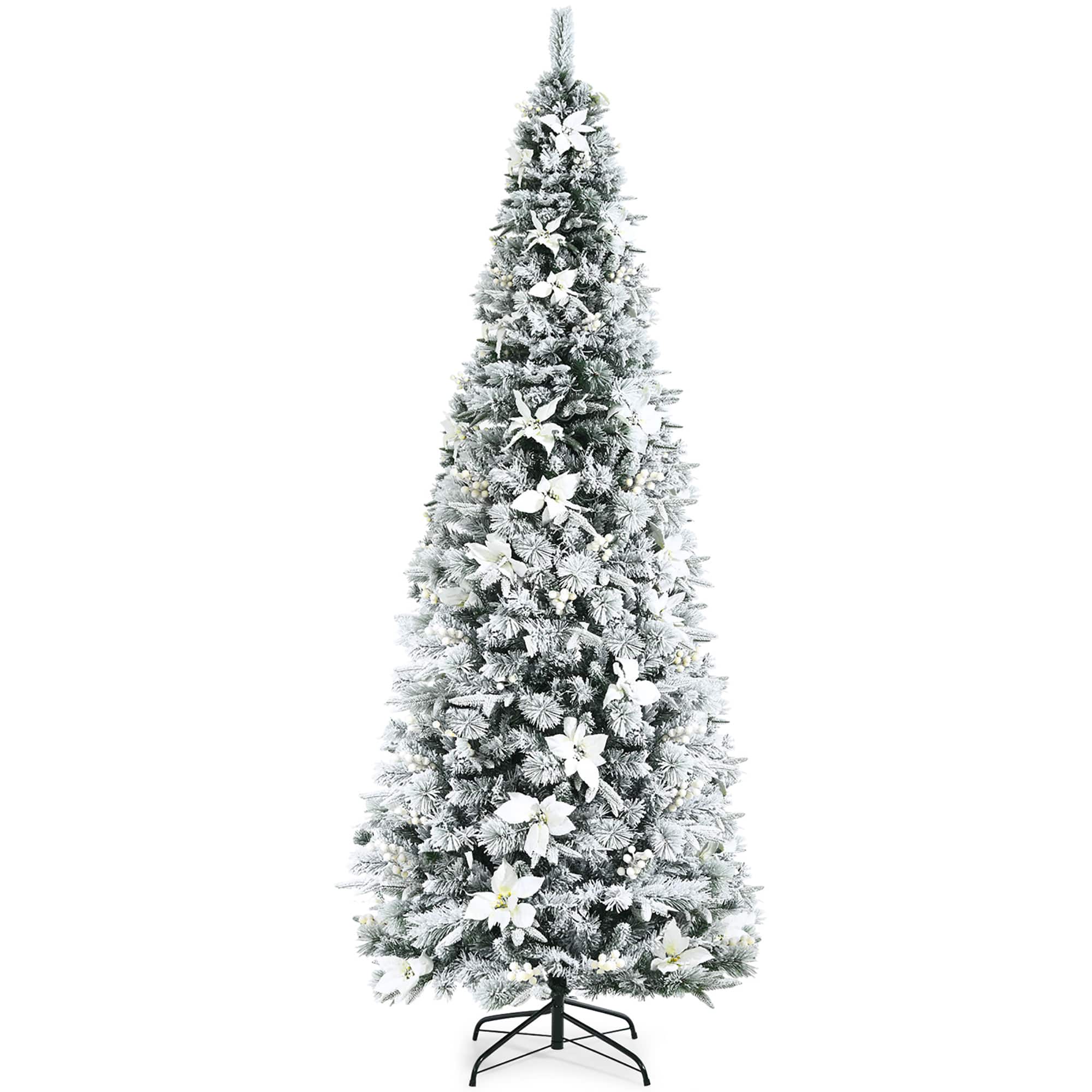 Costway - 8ft Snow Flocked Christmas Pencil Tree w/ Berries & Poinsettia Flowers - Green/White