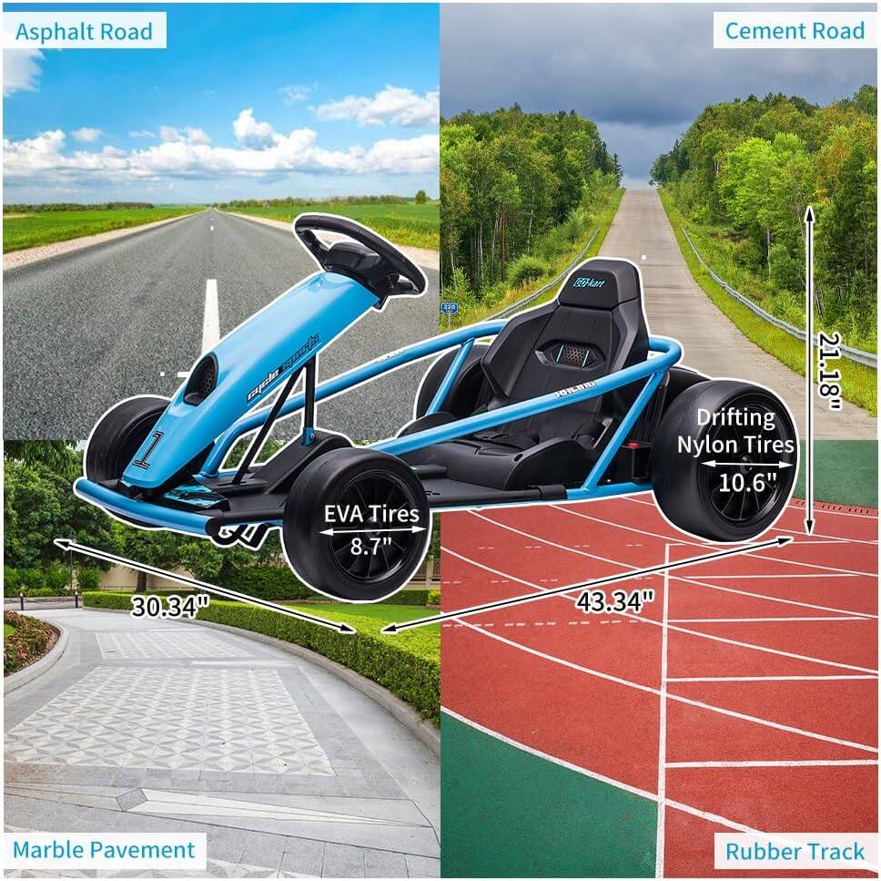 Asphalt Road  
EVA Tires 8.7"  
30.34"  

Cement Road  
Drifting Nylon Tires 10.6"  
21.18"  
43.34"  

Marble Pavement  

Rubber Track