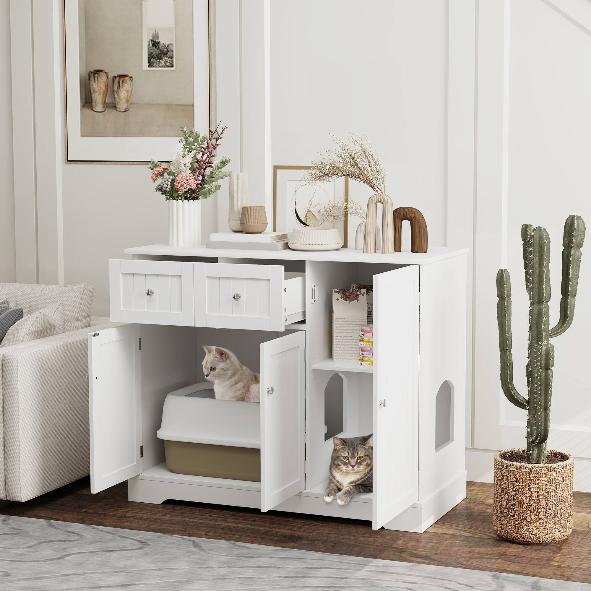 Angle. Pawhut - Cat Litter Box Enclosure, Hidden Litter Box Furniture with Storage, Anti-tip Kit, End Side Table, 39" x 18" x 31.5" - White.