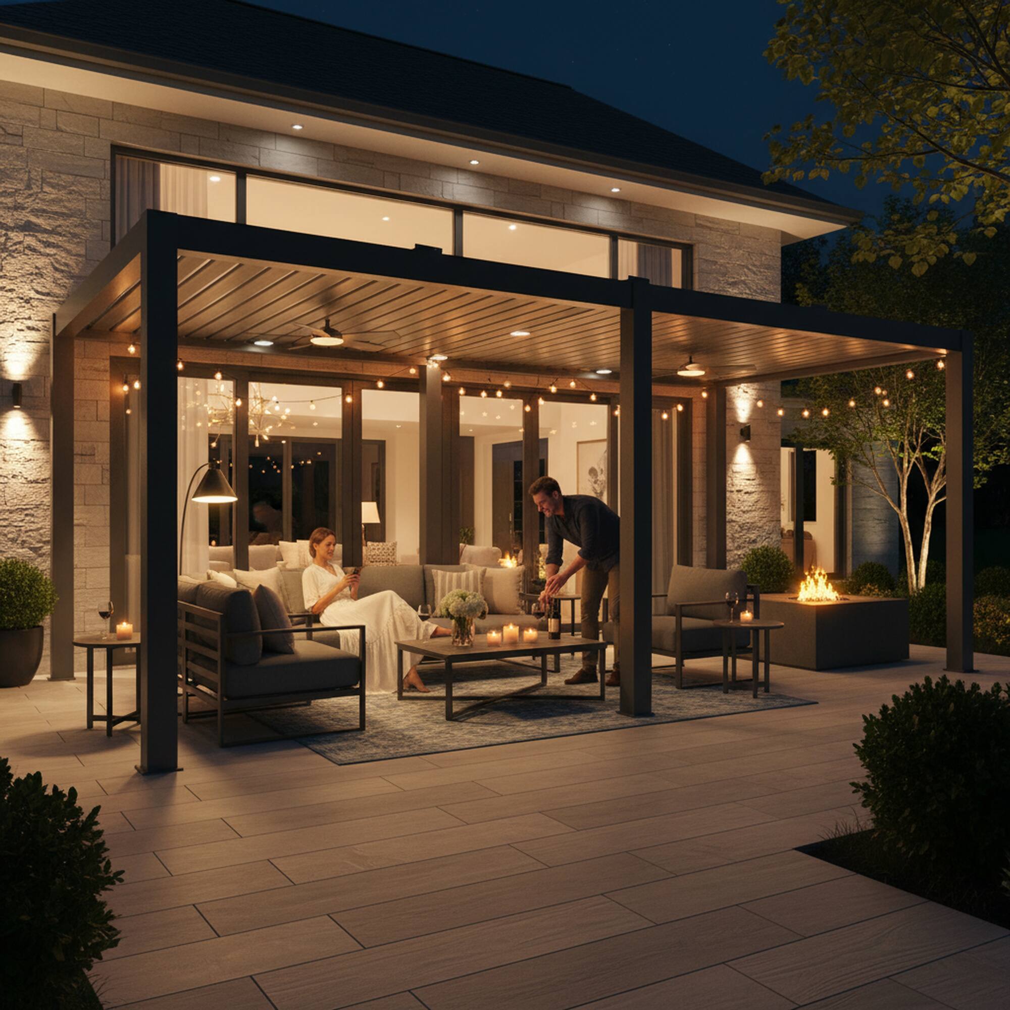 Left. Mondawe - 13ft x 26ft Solar-Powered Aluminum Pergola with Adjustable Louvers and Hidden Drainage System - Grey.