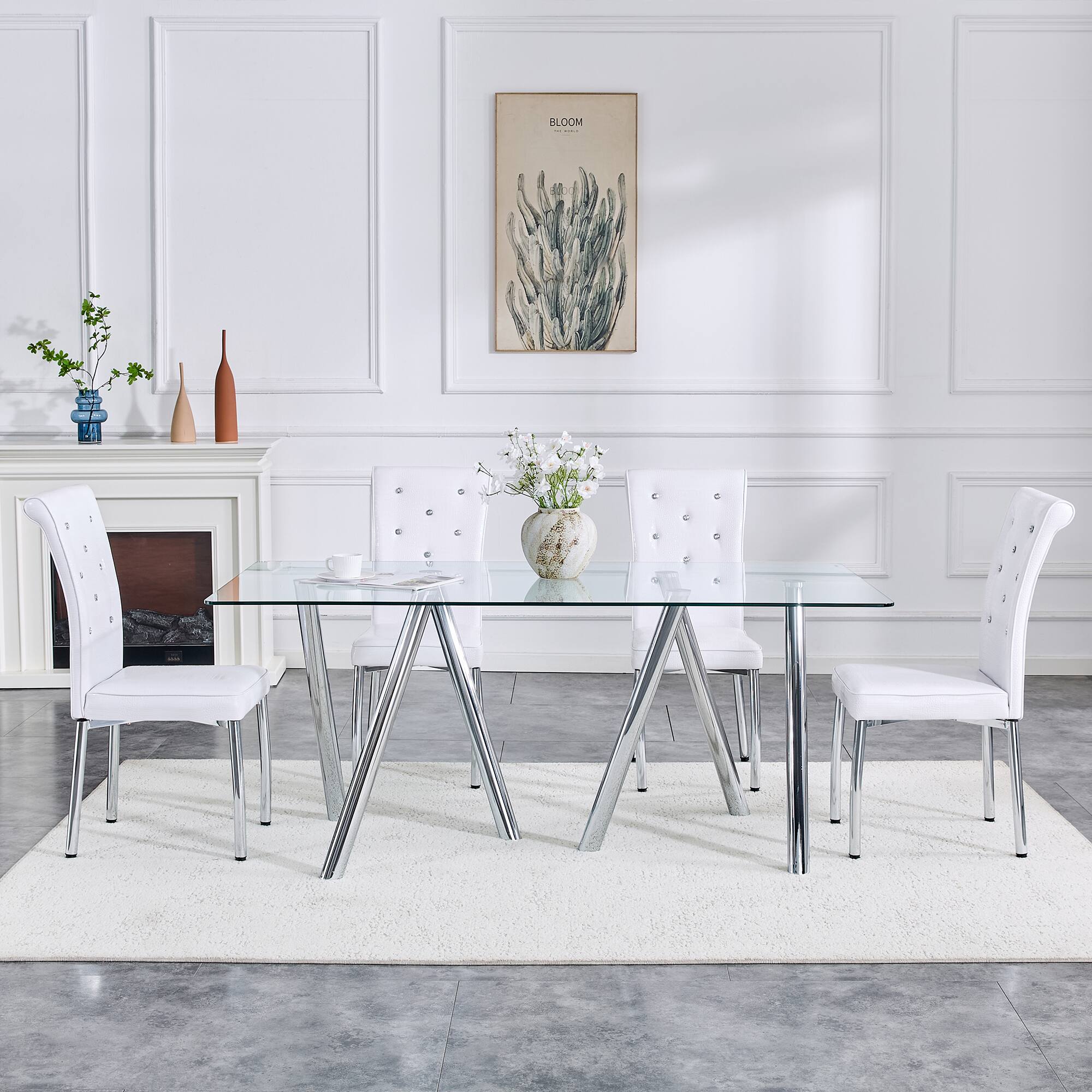 Alt View 8. Loheer - Loheer- 5.9ft Modern Tempered Glass Dining Table Heavy Duty Metal Legs Rectangular Kitchen Furniture - White.
