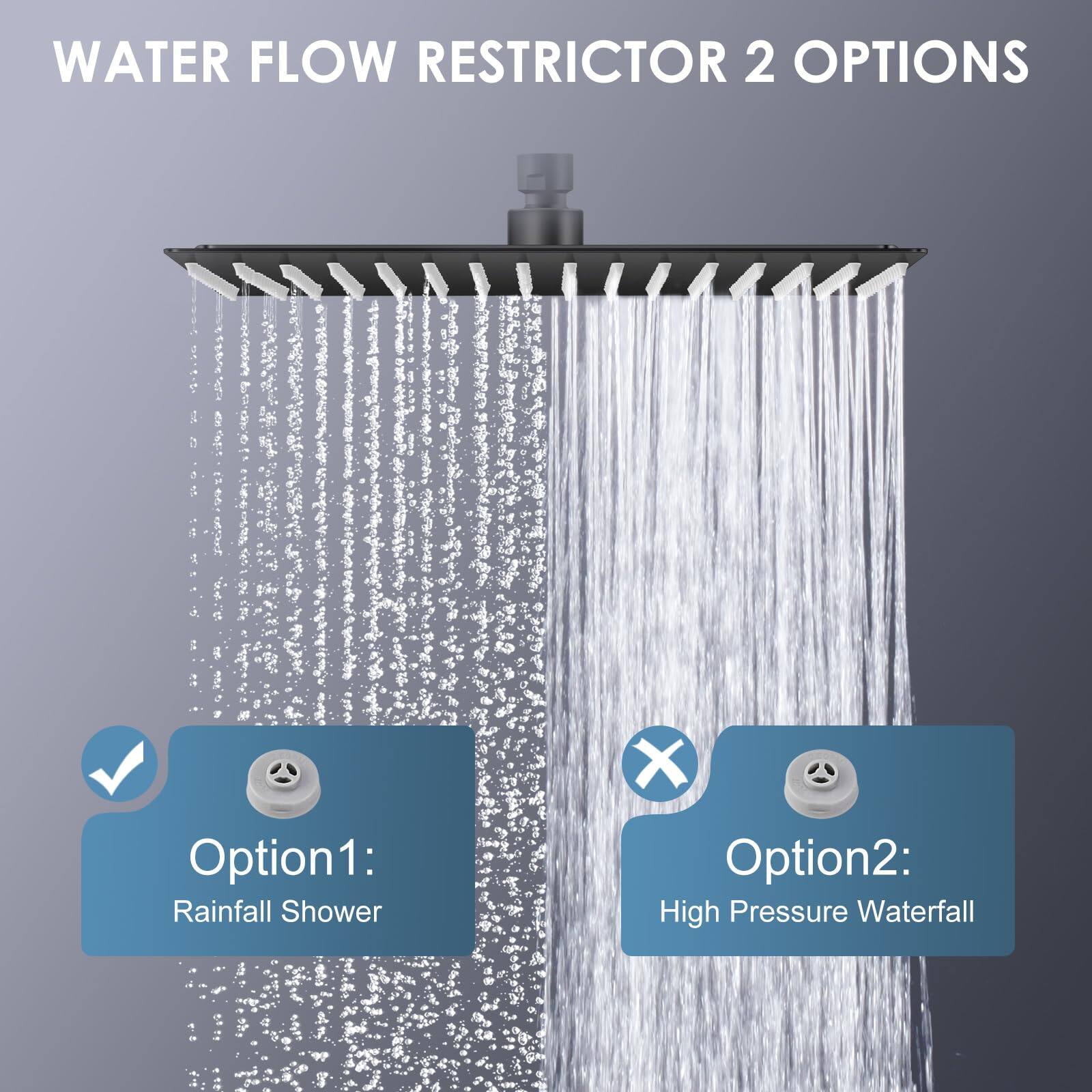 WATER FLOW RESTRICTOR 2 OPTIONS

Option1: Rainfall Shower

Option2: High Pressure Waterfall