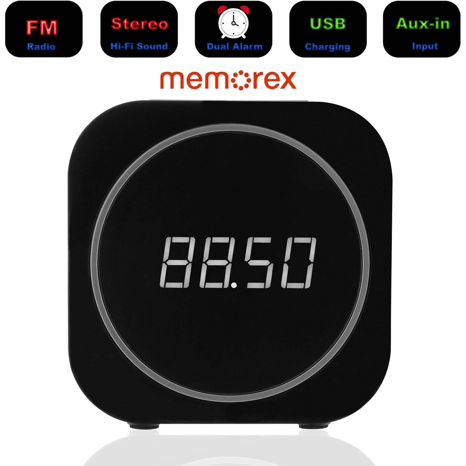 FM Radio Stereo Hi-Fi Sound Dual Alarm USB Charging Aux-in Input mem rex 88.50