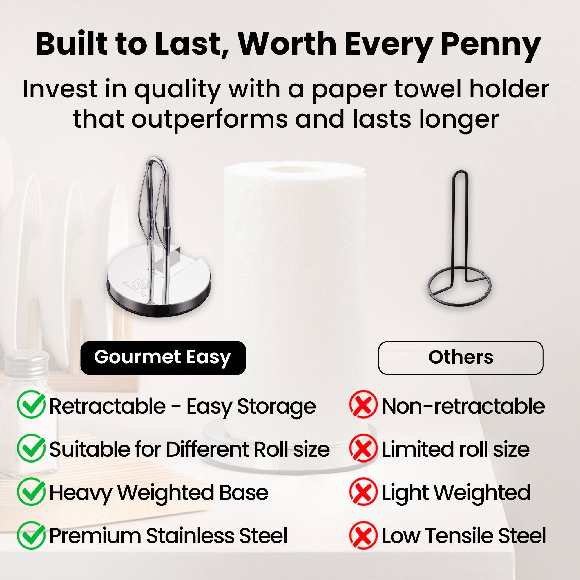 Built to Last, Worth Every Penny

Invest in quality with a paper towel holder that outperforms and lasts longer

Gourmet Easy
- Retractable - Easy Storage
- Suitable for Different Roll size
- Heavy Weighted Base
- Premium Stainless Steel

Others
- Non-retractable
- Limited roll size
- Light Weighted
- Low Tensile Steel