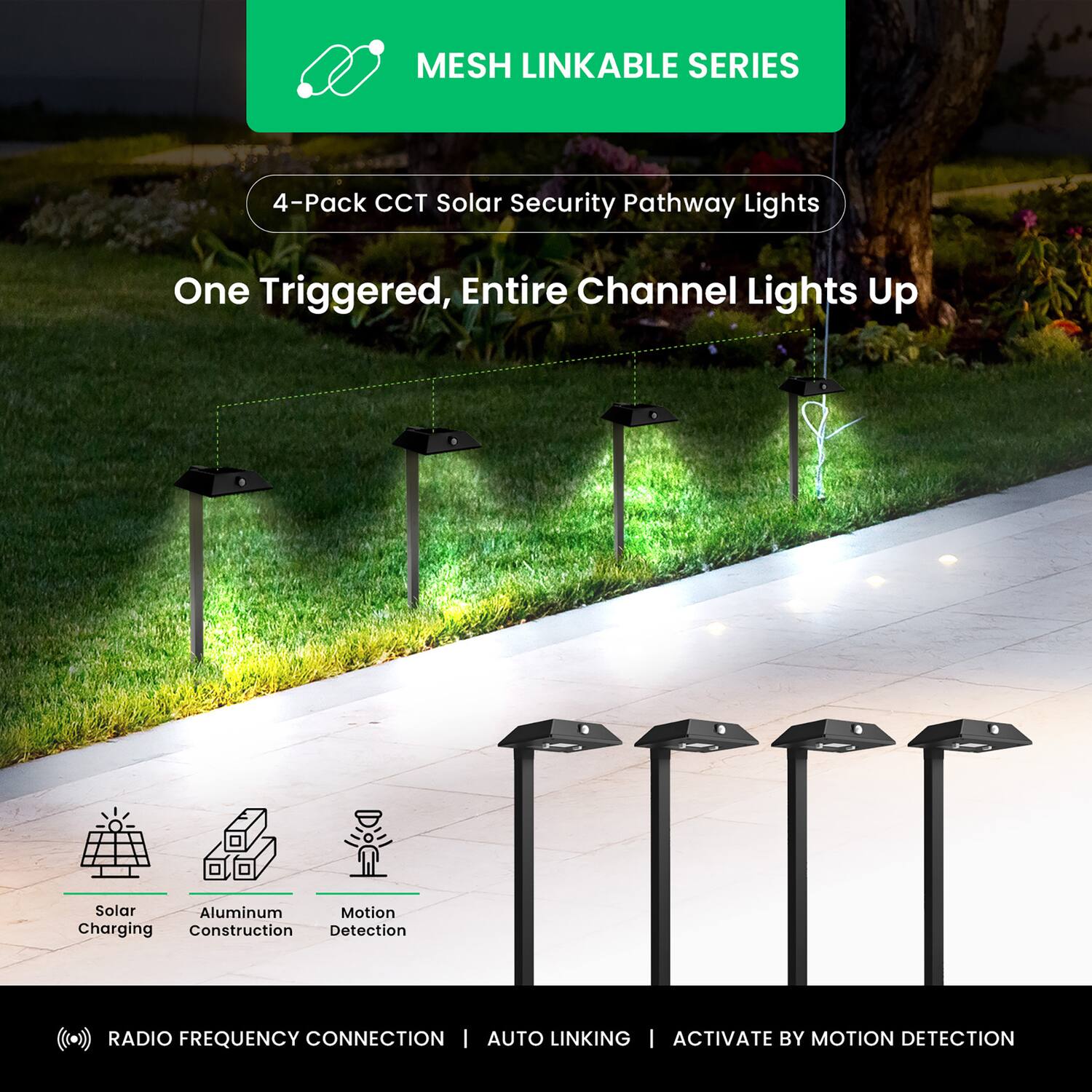MESH LINKABLE SERIES  
4-Pack CCT Solar Security Pathway Lights  
One Triggered, Entire Channel Lights Up  

Solar Charging  
Aluminum Construction  
Motion Detection  

RADIO FREQUENCY CONNECTION | AUTO LINKING | ACTIVATE BY MOTION DETECTION