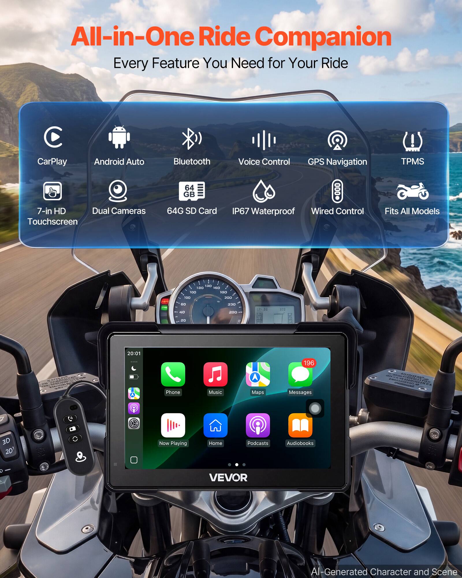 All-in-One Ride Companion  
Every Feature You Need for Your Ride

- CarPlay
- Android Auto
- Bluetooth
- Voice Control
- GPS Navigation
- TPMS
- 7-in HD Dual Cameras Touchscreen
- 64 GB
- 64G SD Card
- IP67 Waterproof Wired Control
- Fits All Models

Phone  
Music  
Maps  
Messages  
Podcasts  
Audiobooks  

VEVOR  

AI-Generated Character and Scene