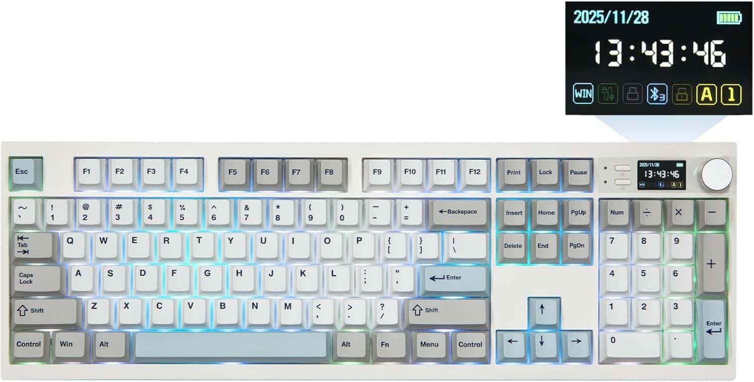 EPOMAKER - QK108 Full Size Wireless Mechanical Keyboard with Screen & Knob, QMK/VIA ( Sea Salt Silent) - White Cyan