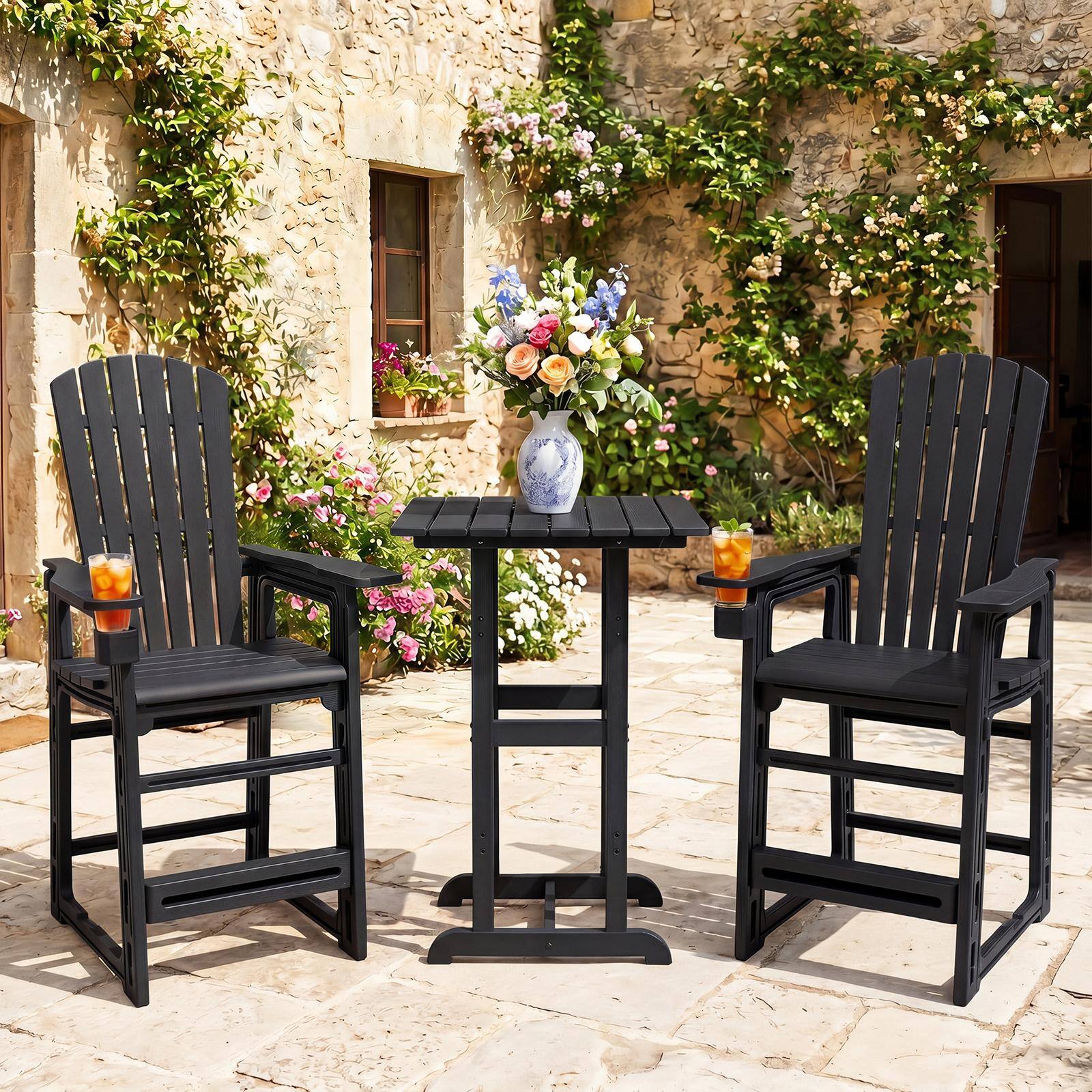 Alt View 3. Costway - Costway 2 PCS All-Weather HDPE Tall Adirondack Chair with Backrest, Armrests, Cup Holder - Black.