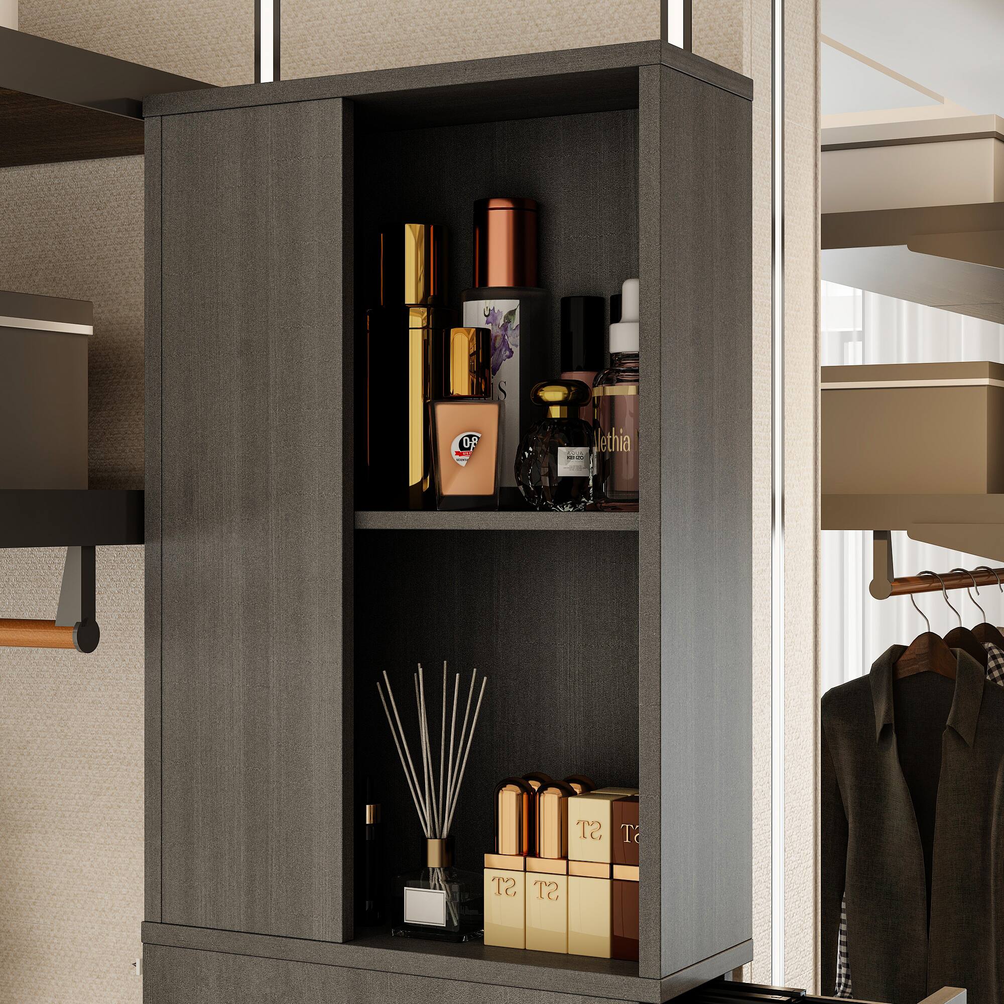 Alt View 6. Famapy - Slim Tall Storage Cabinet with Dark Gray Wood Grain, Narrow Floor Cabinet for Bathroom, Bedroom or Closet Organization - Black.