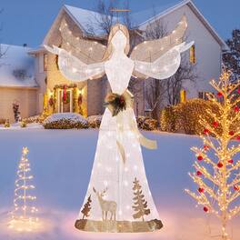 Costway - 5 FT Pre-Lit Christmas Angel 3D Glittered Decoration with Halo Bow & 100 Lights - Gold/White