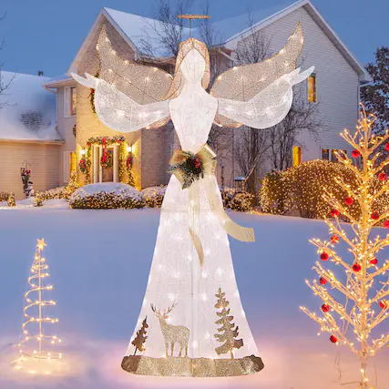 Front. Costway - 5 FT Pre-Lit Christmas Angel 3D Glittered Decoration with Halo Bow & 100 Lights - Gold/White.