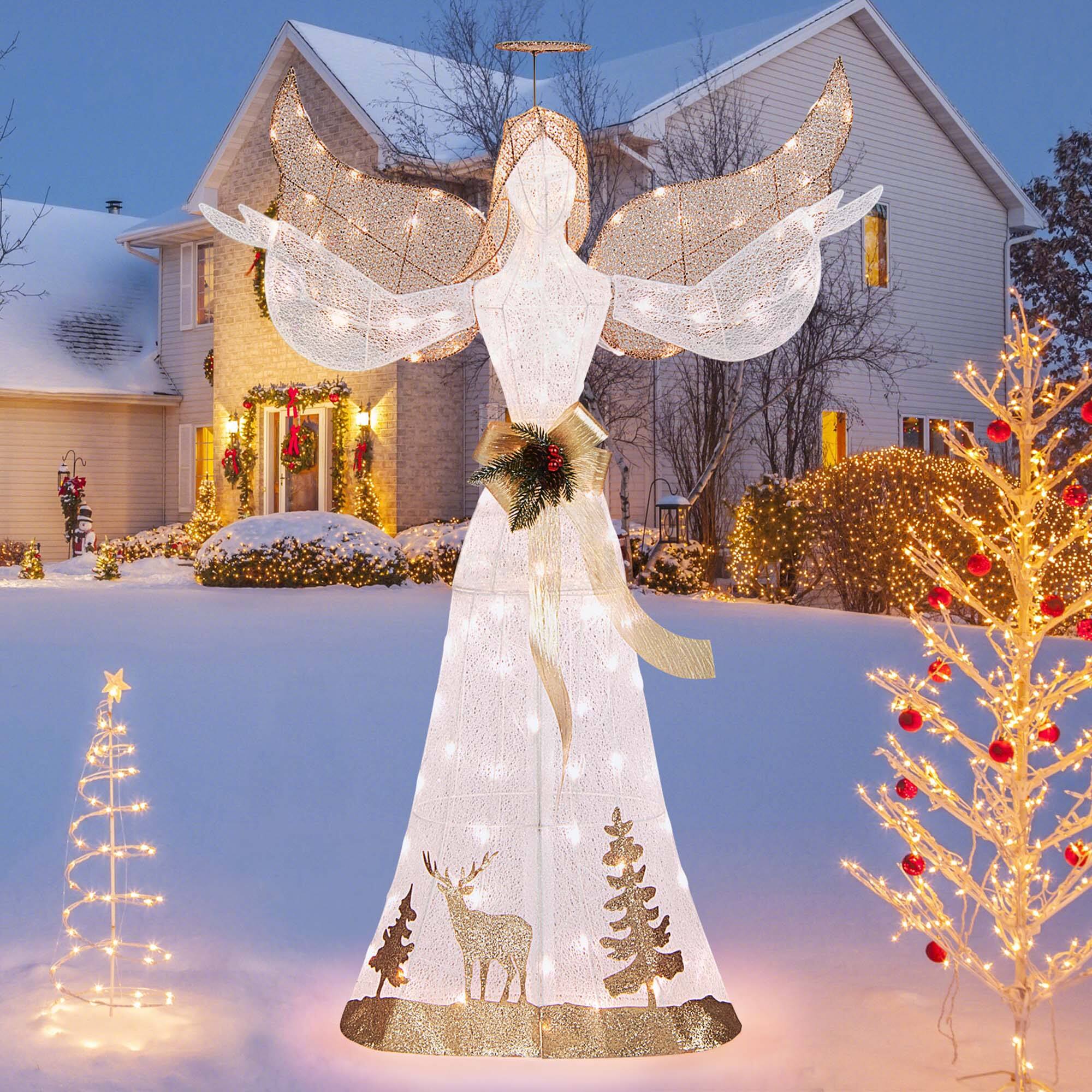 Front. Costway - 5 FT Pre-Lit Christmas Angel 3D Glittered Decoration with Halo Bow & 100 Lights - Gold/White.
