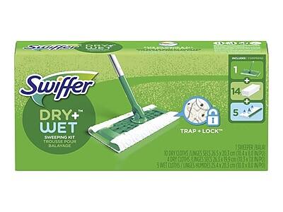 Swiffer DRY+ WET SWEEPING KIT  
TROUSSE POUR BALAYAGE  

INCLUDES:  
1 SWEEPER / BALAI  
14 DRY CLOTHS / LINGES SECS 25.5 x 20.3 cm (10.0 x 8.0 IN)  
5 WET CLOTHS / LINGES HUMIDES 25.4 x 20.3 cm (10.0 x 8.0 IN)  
1 TRAP + LOCK™  

1 SWEEPER / BALAI  
10 DRY CLOTHS / LINGES SECS 26.5 x 20.3 cm (10.4 x 8.0 IN)  
4 DRY CLOTHS / LINGES SECS 26.3 x 199 cm (10.3 x 7.8 IN)  
5 WET CLOTHS / LINGES HUMIDES 25.4 x 20.3 cm (10.0 x 8.0 IN)