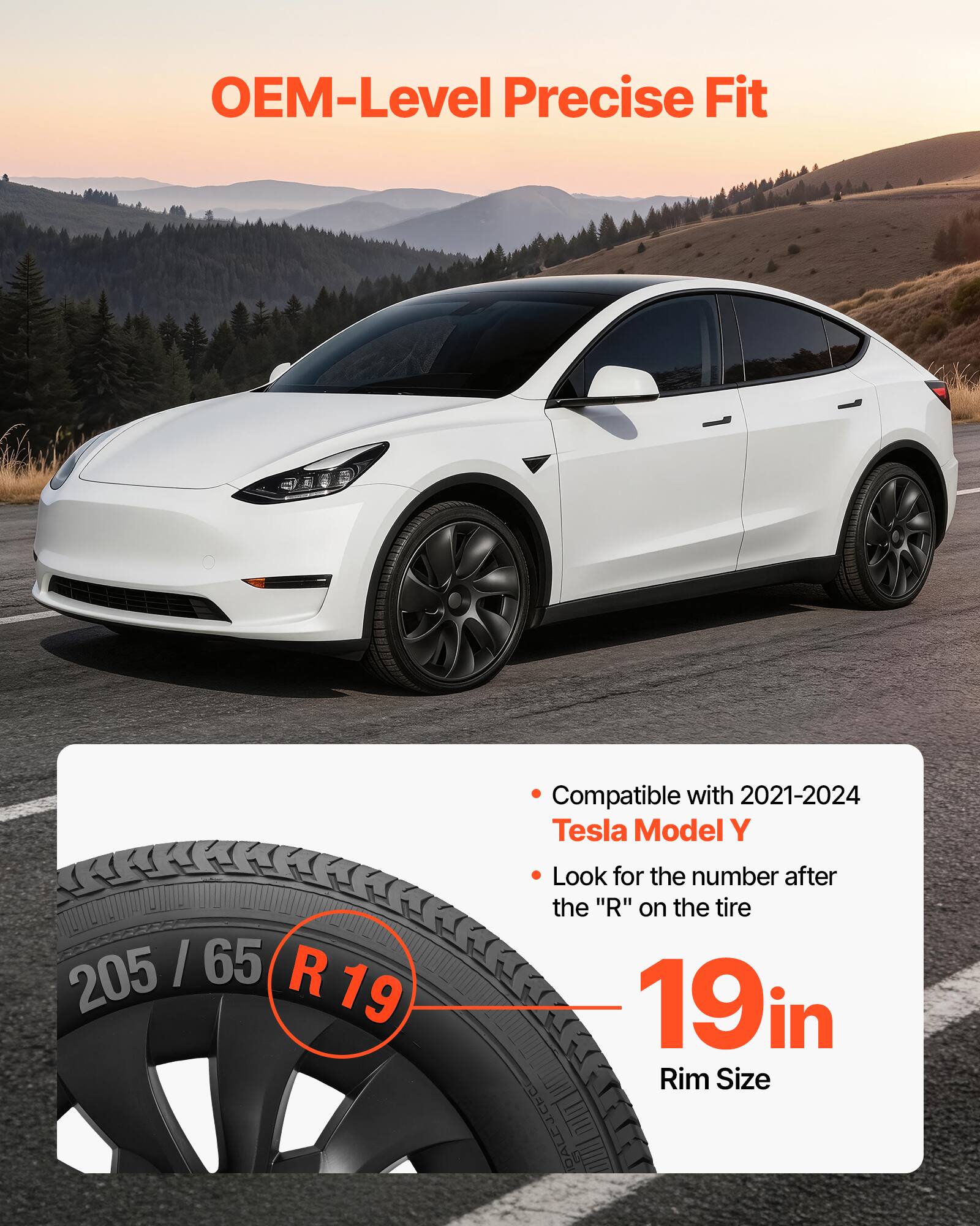 OEM-Level Precise Fit

Compatible with 2021-2024 Tesla Model Y

205 / 65 R 19

Look for the number after the "R" on the tire

19in Rim Size