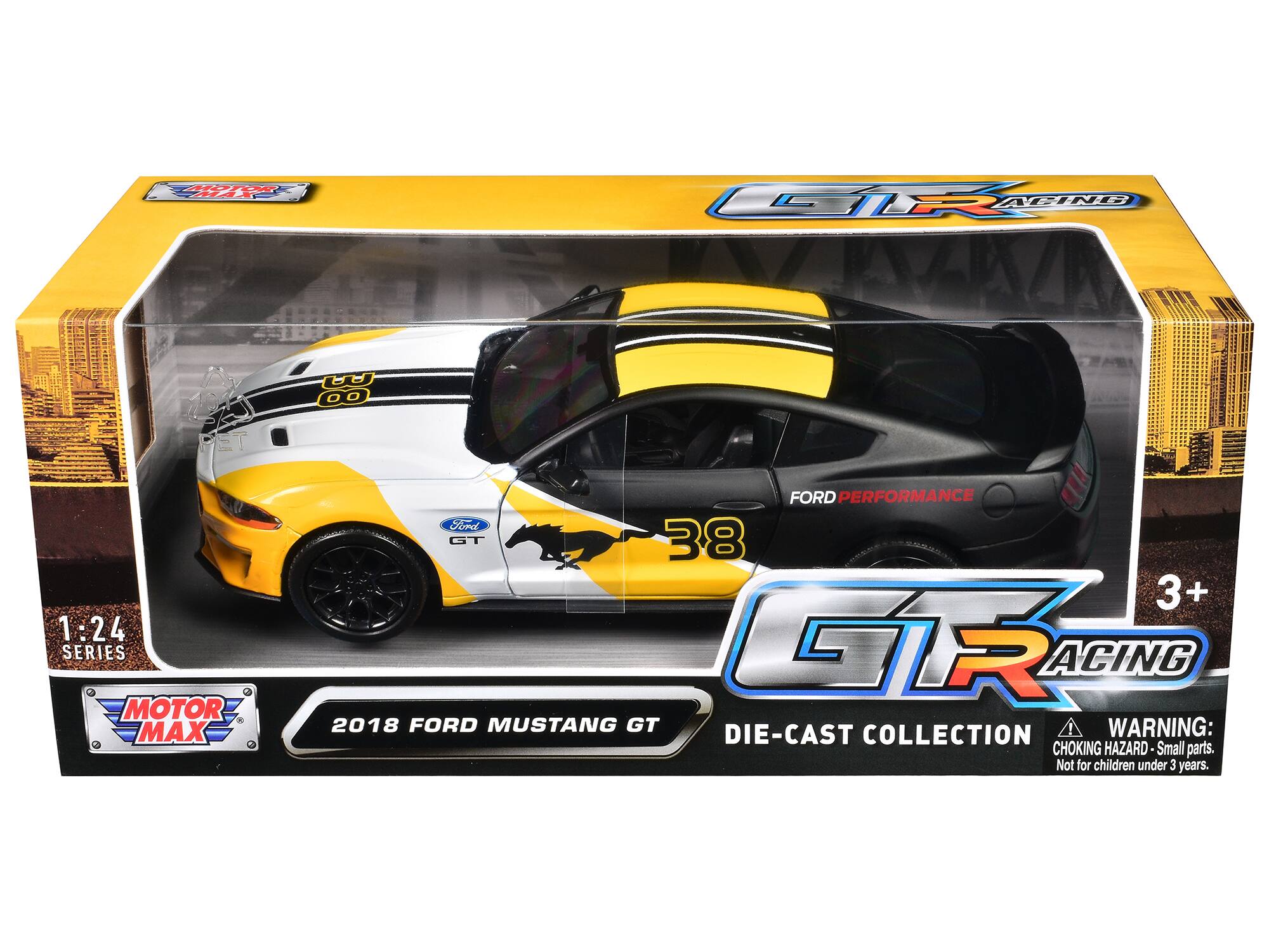 Sure, here is the corrected and grouped text from the image:

---

**MOTOR MAX**

**1:24 SERIES**

**2018 FORD MUSTANG GT**

**GT RACING**

**DIE-CAST COLLECTION**

**WARNING: CHOKING HAZARD - Small parts. Not for children under 3 years.**

**3+**

**FORD PERFORMANCE**

**38**

**Ford GT**

**GT RACING**

**CITY**

**1.24 SERIES**

**MOTOR MAX**

**2018 FORD MUSTANG GT**

**DIE-CAST COLLECTION**

**WARNING: CHOKING HAZARD - Small parts. Not for children under 3 years.**

---

This text is organized to reflect the information on the packaging.