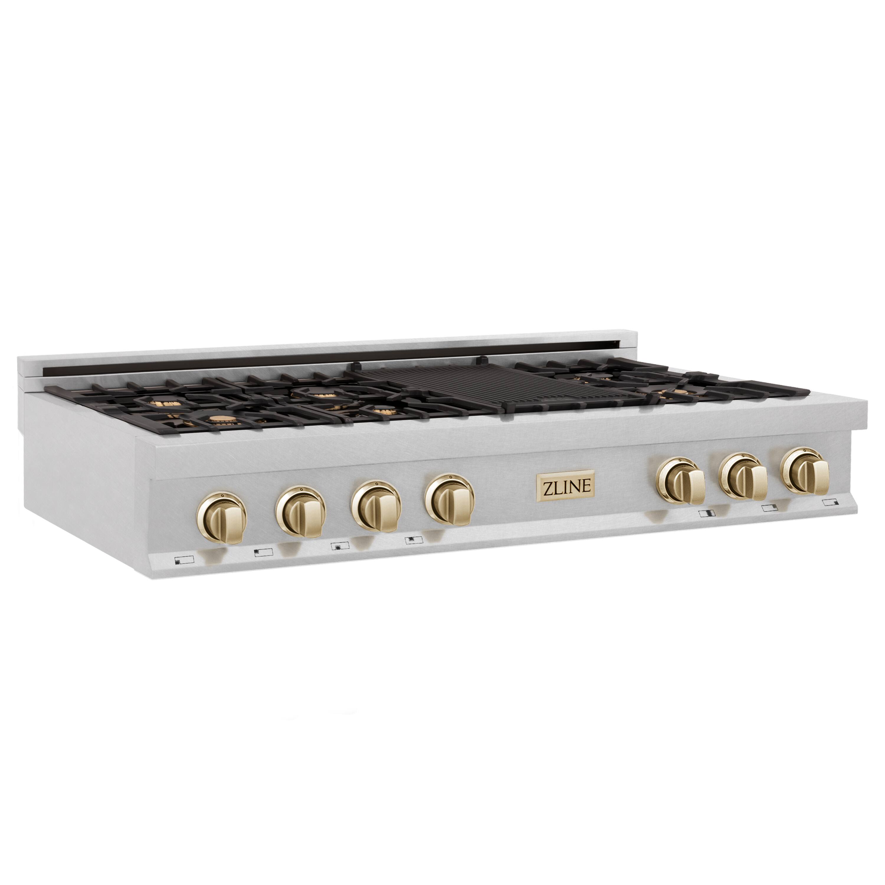 Back. ZLINE - Autograph 48 in. Legacy Gas Rangetop with 7 Burners and Porcelain Cooktop in Satin Stainless with Polished Gold Accents - Satin Stainless Steel.