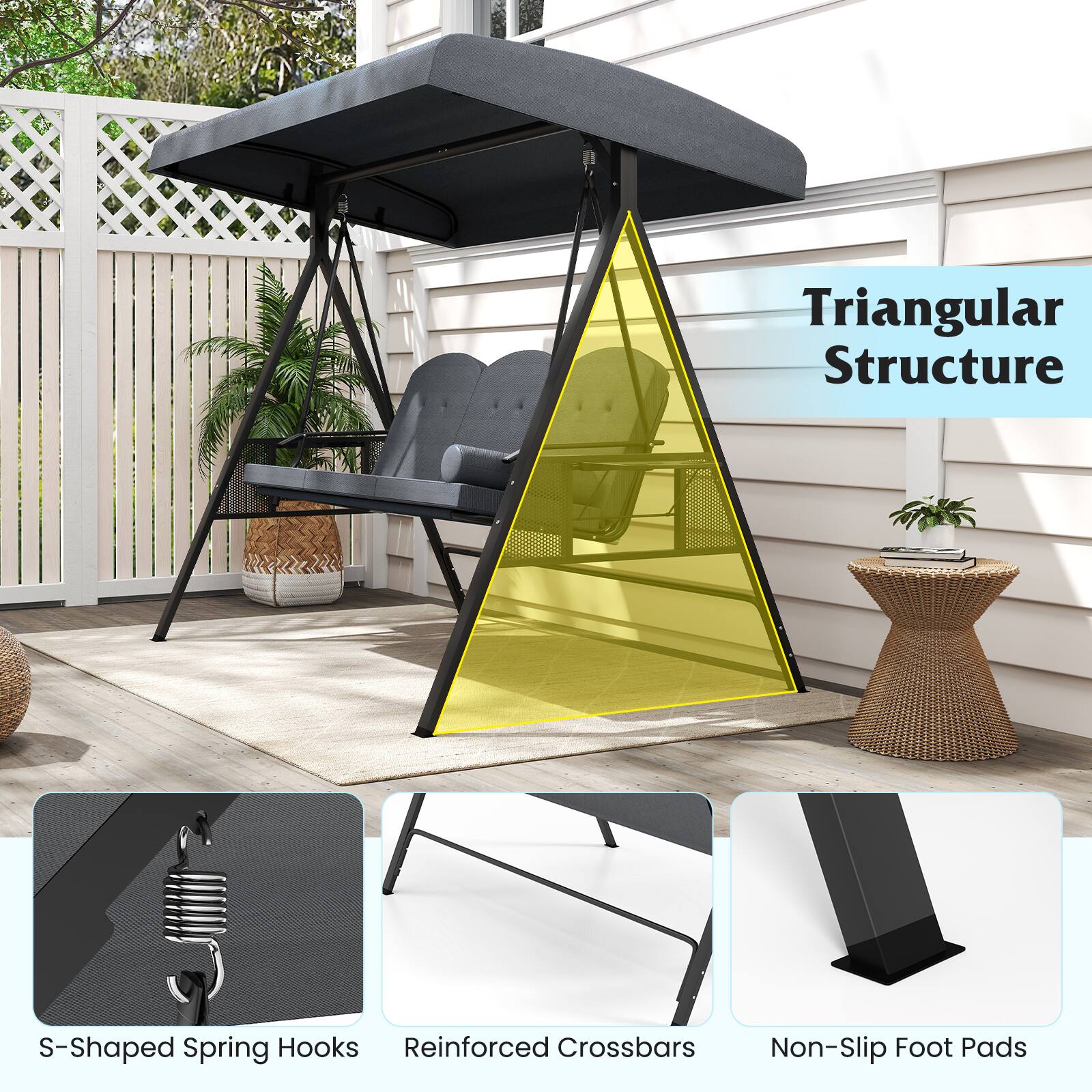 Alt View 7. Gymax - Gymax 3-Seat Patio Swing Chair w/ Adjustable Canopy Thickened Cushions Pillow Outdooor Gray - Gray.