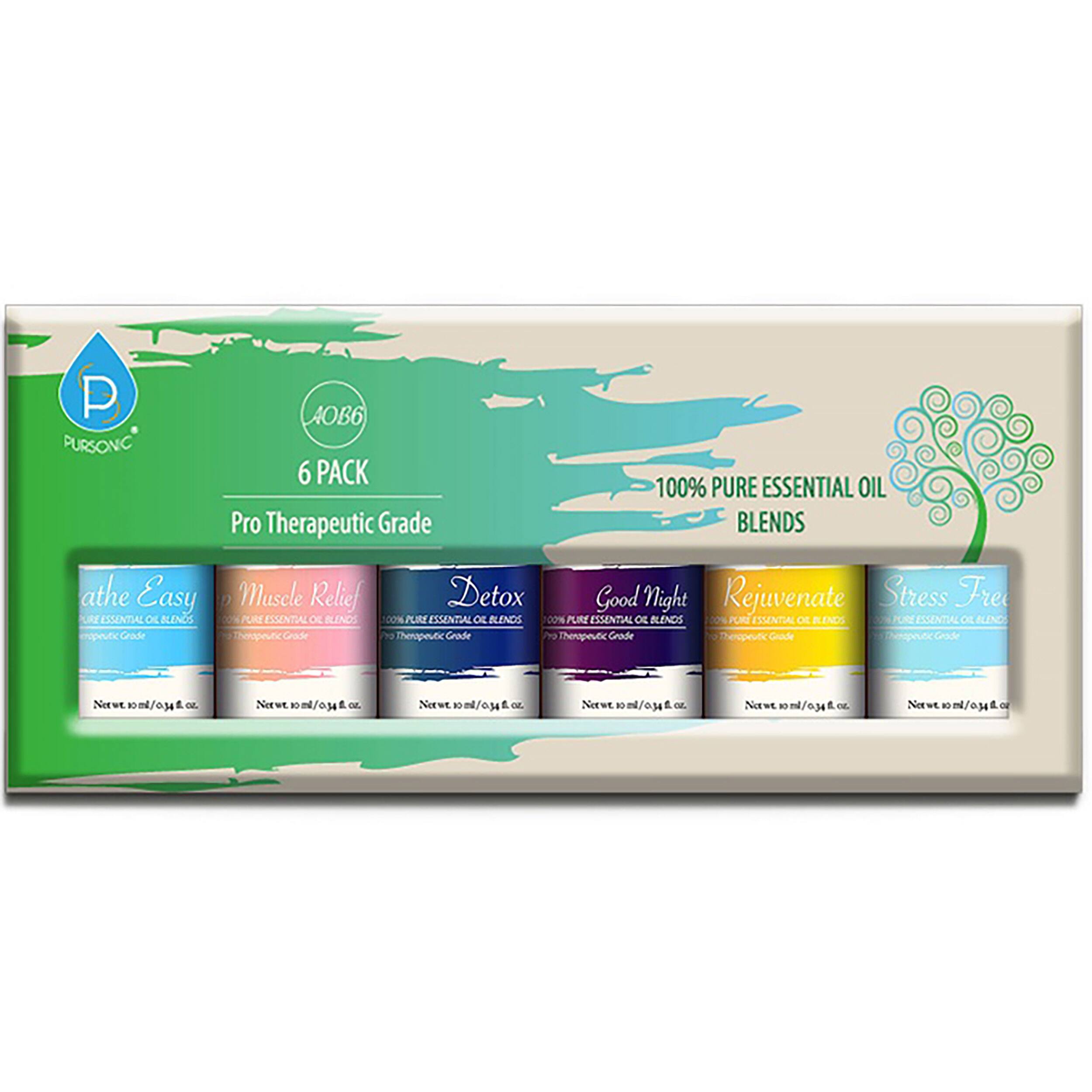PURSONIC  
6 PACK  
Pro Therapeutic Grade  

100% PURE ESSENTIAL OIL BLENDS  

- athe Easy  
- Muscle Relief  
- Detox  
- Good Night  
- Rejuvenate  
- Stress Free  

Net wt. 10 ml / 0.34 oz.