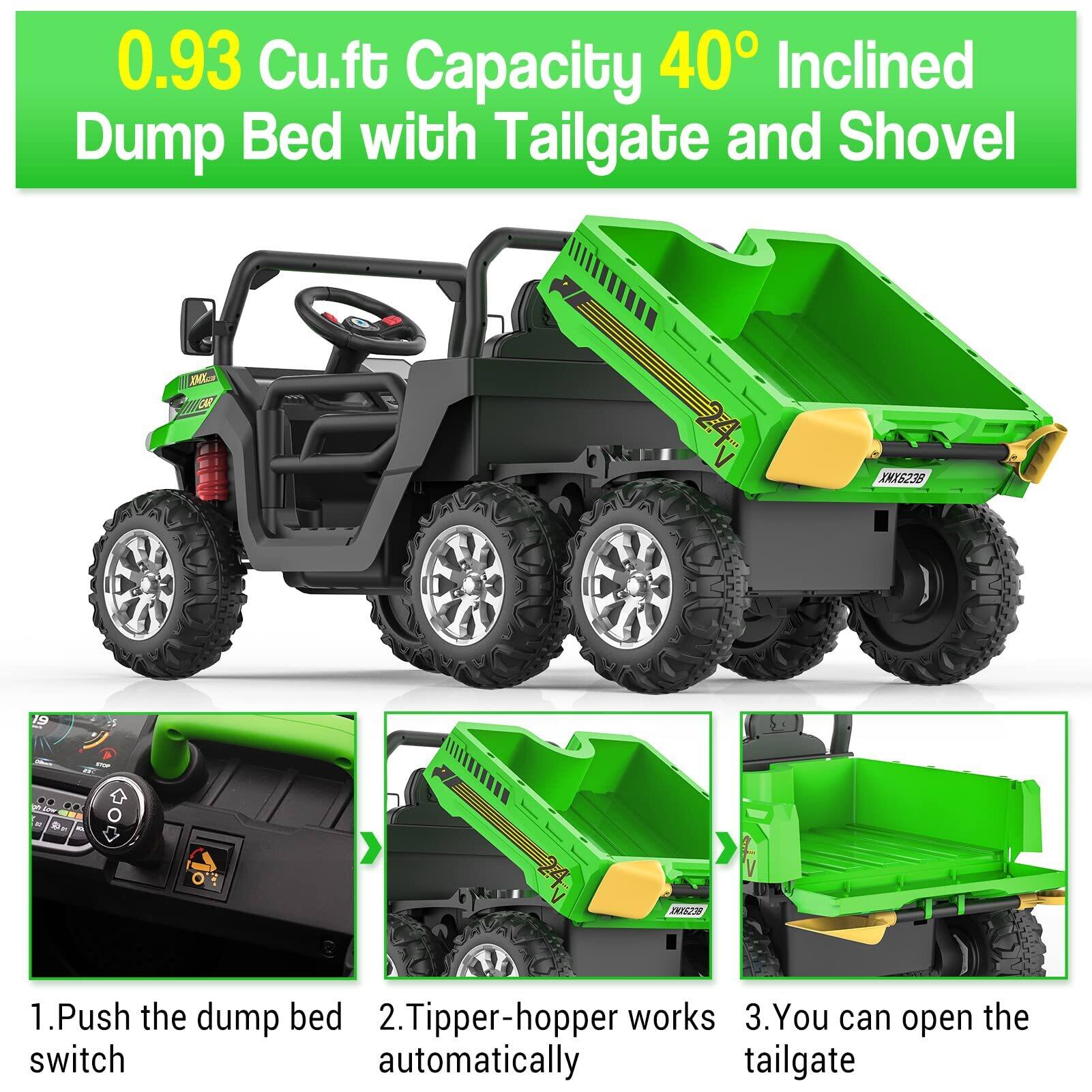 0.93 Cu.ft Capacity 40° Inclined Dump Bed with Tailgate and Shovel

1. Push the dump bed switch
2. Tipper-hopper works automatically
3. You can open the tailgate