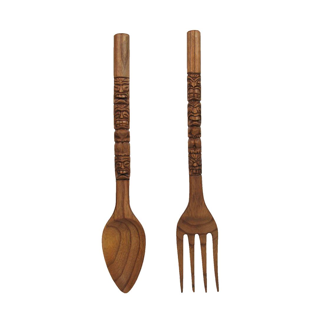 Alt View 1. Zeckos - 24 Inch Carved Tiki Spoon & Fork Wooden Wall Decor Art Utensil Decoration Set - Brown.