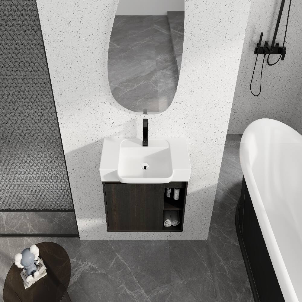 Alt View 1. Loheer - Loheer 28 inch wall mounted bathroom vanity with white ceramic sink, dark oak floating vanity - Dark Oak.