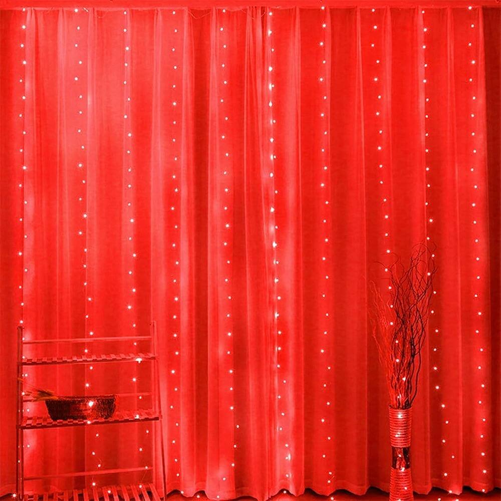 Front. MOSZAR LLC - 300 LED Curtain Lights, 3×3 m, Red, USB, 8 Modes, Timer.
