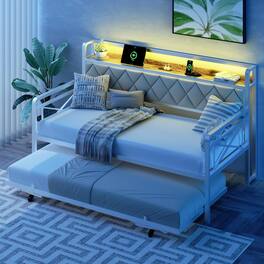 Winado - Twin Daybed with Trundle Bed Sofa DayBed with LED Light & Charing Station Upholstered Bed Frame with Storage Headboard - White