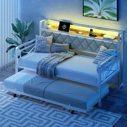 Front. Winado - Twin Daybed with Trundle Bed Sofa DayBed with LED Light & Charing Station Upholstered Bed Frame with Storage Headboard - White.