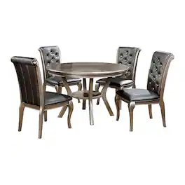 Manhattan Lane - Nery 5pc Dining Table and Chair Set, 48 Inch Round, Gray Faux Leather - Champagne Gray