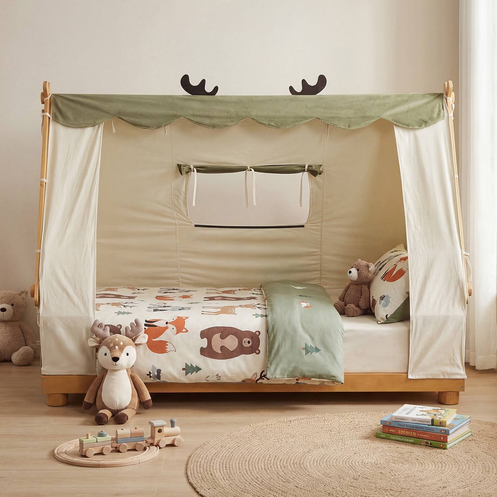 Alt View 5. Gymax - Gymax Twin Size House Floor Bed w/ TentWood Bed Frame w/ Roof Window & Fence Rails Natural & Green - Yellow.