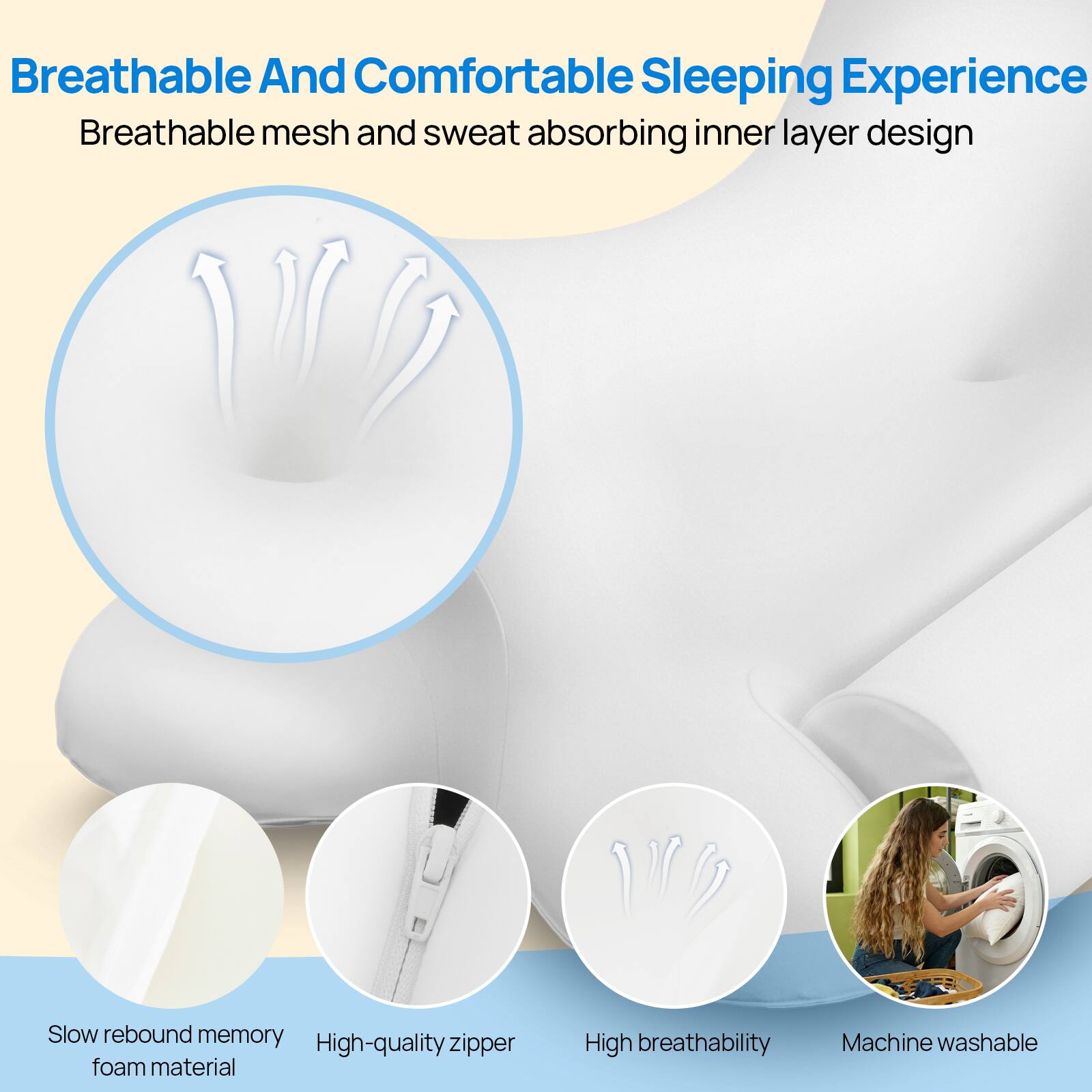Breathable And Comfortable Sleeping Experience

Breathable mesh and sweat absorbing inner layer design

- Slow rebound memory foam material
- High-quality zipper
- High breathability
- Machine washable