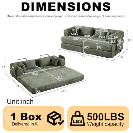 DIMENSIONS
(Note: Manual measurements were employed, and some reasonable margin of error may exist.)
14.5
14.5
28.3
60.6
15.7
21.2
14.5
7.8
8.6
9.8
28.3
78.7
37
17.7
60.6
65.3
74
Unit: inch
1 Box Delivered in full
500LBS Weight capacity