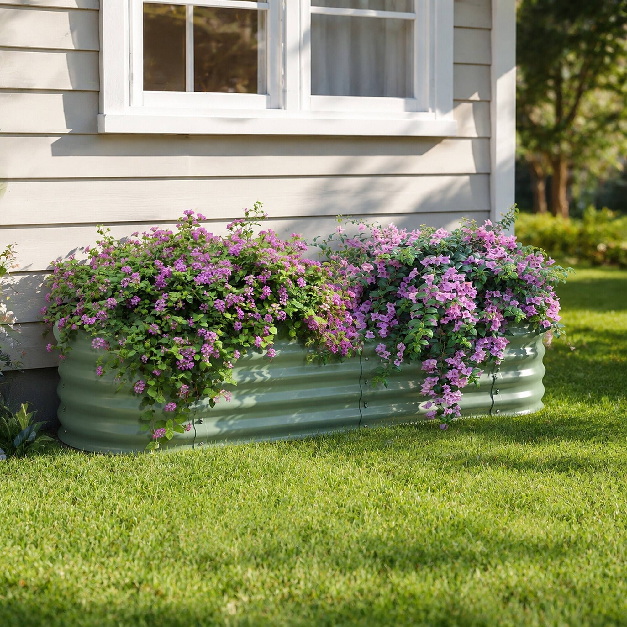 Angle. RYHNUYNE - Galvanized Raised Garden Bed Kit 4.9' x 2' x 1' Metal Planter Box with Safety Edging for Vegetables Flowers Herbs - Green.