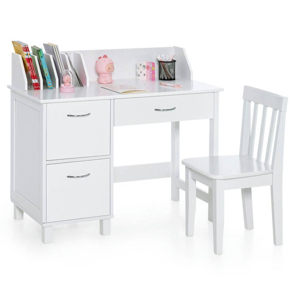 Front. Kadyn - Kids Wooden Writing Furniture Set with Drawer and Storage Cabinet-White, Small Folding Table for Arts & Crafts - White.