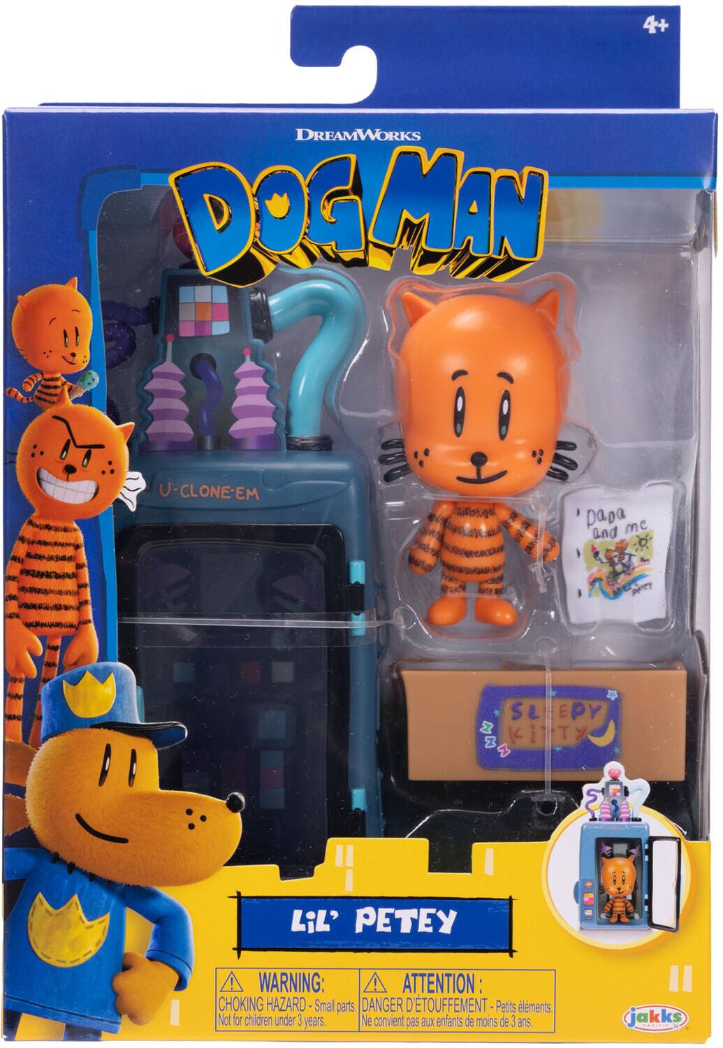 Sure, here is the corrected and grouped text from the image:

---

**DreamWorks Dogman**

**4+**

**U-CLONE-EM**

**Papa me and PECY**

**SLEEPY KITTY**

**Lil' PETEY**

**WARNING: CHOKING HAZARD - Small parts. Not for children under 3 years.**

**ATTENTION: DANGER D'ÉTOUFFEMENT - Petits éléments. Ne convient pas aux enfants de moins de 3 ans.**

**Jakks**

---