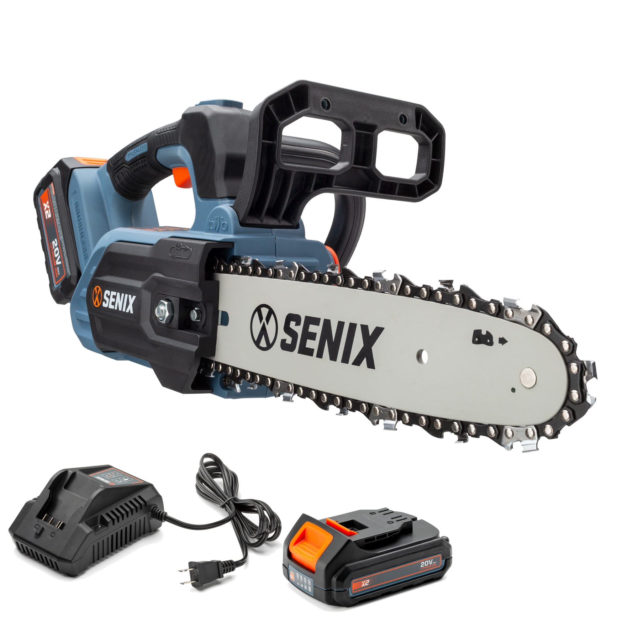 SENIX - X2 20V Max* 10" Top Handle Cordless Chainsaw, Brushless (2.5 Ah Battery & Charger Included) - Blue