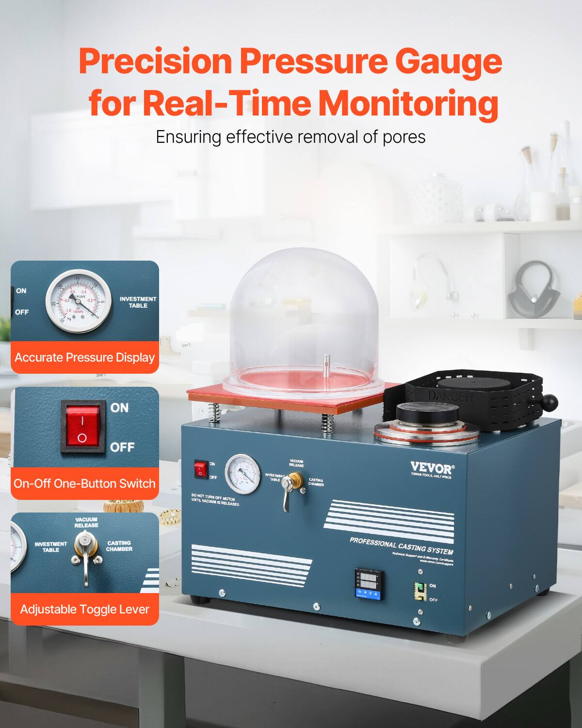 Precision Pressure Gauge for Real-Time Monitoring  
Ensuring effective removal of pores

ON OFF  
! 44 - 0 012  
INVESTMENT TABLE  
Accurate Pressure Display  
we  
PM  
ON | O OFF On-Off One-Button Switch  
VITEO DN OFF DID NOT TURN UNTIL CITY MOTOR KACURE 4 RELEASED  
NACULIN FLEAN ANDRIN  CAUTING CHINESSER  
DANGER VEVOR TODUGA TOGUL MU PRICE  
VACUUM RELEASE INVESTMENT CASTING TABLE CHAMBER  
PROFESSIONAL CASTING Twitter Super SYSTEM - -  
ON  
Adjustable Toggle Lever  
OFF