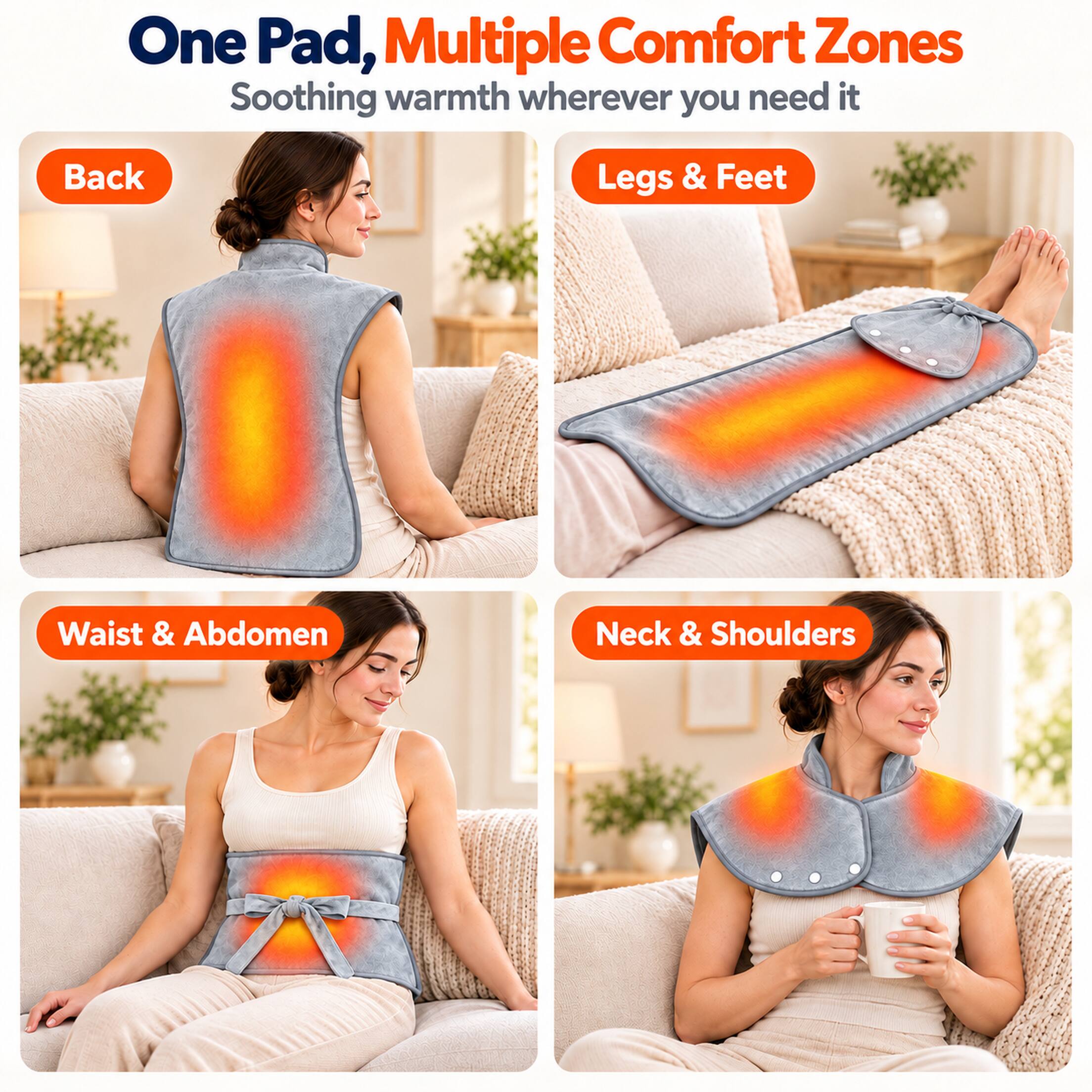 One Pad, Multiple Comfort Zones  
Soothing warmth wherever you need it  
Back  
Legs & Feet  
Waist & Abdomen  
Neck & Shoulders