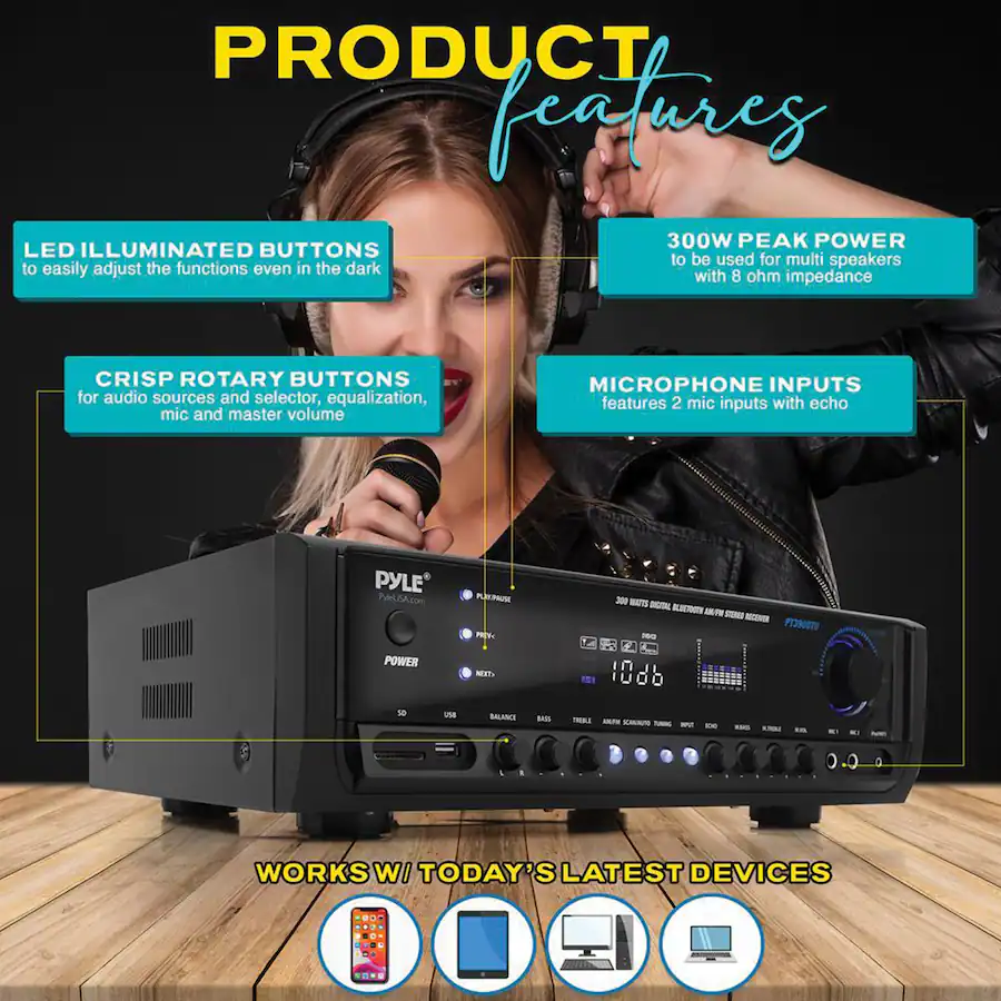 PYLE Digital Home Theater 300W 4 channel Bluetooth Stereo Receiver ...
