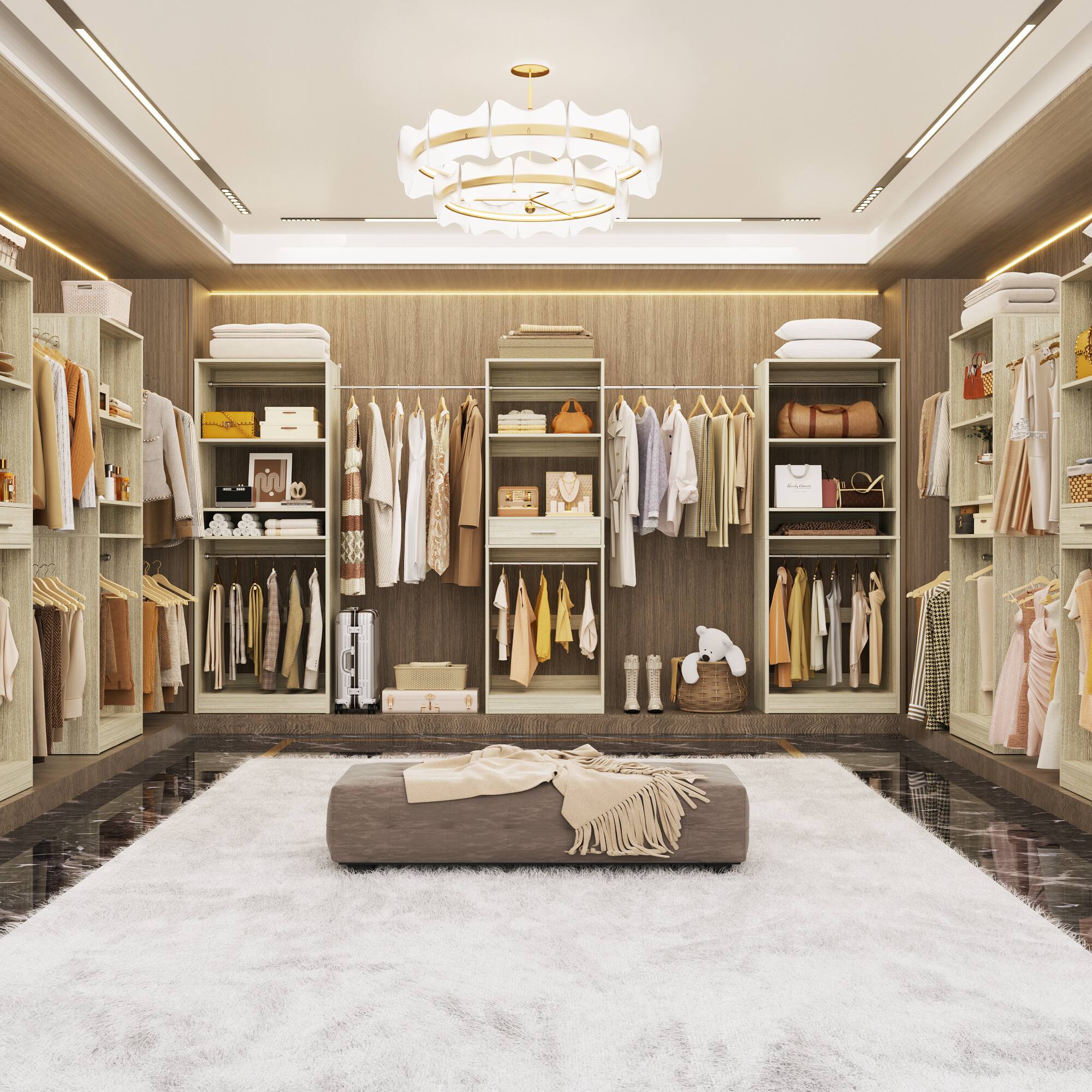 Left. Aheaplus - 70.5'' - 146'' Wide Adjustable Closet Organizer System with 10 Hanging Rods, Drawer and Adjustable Shelves - Beige Oak.