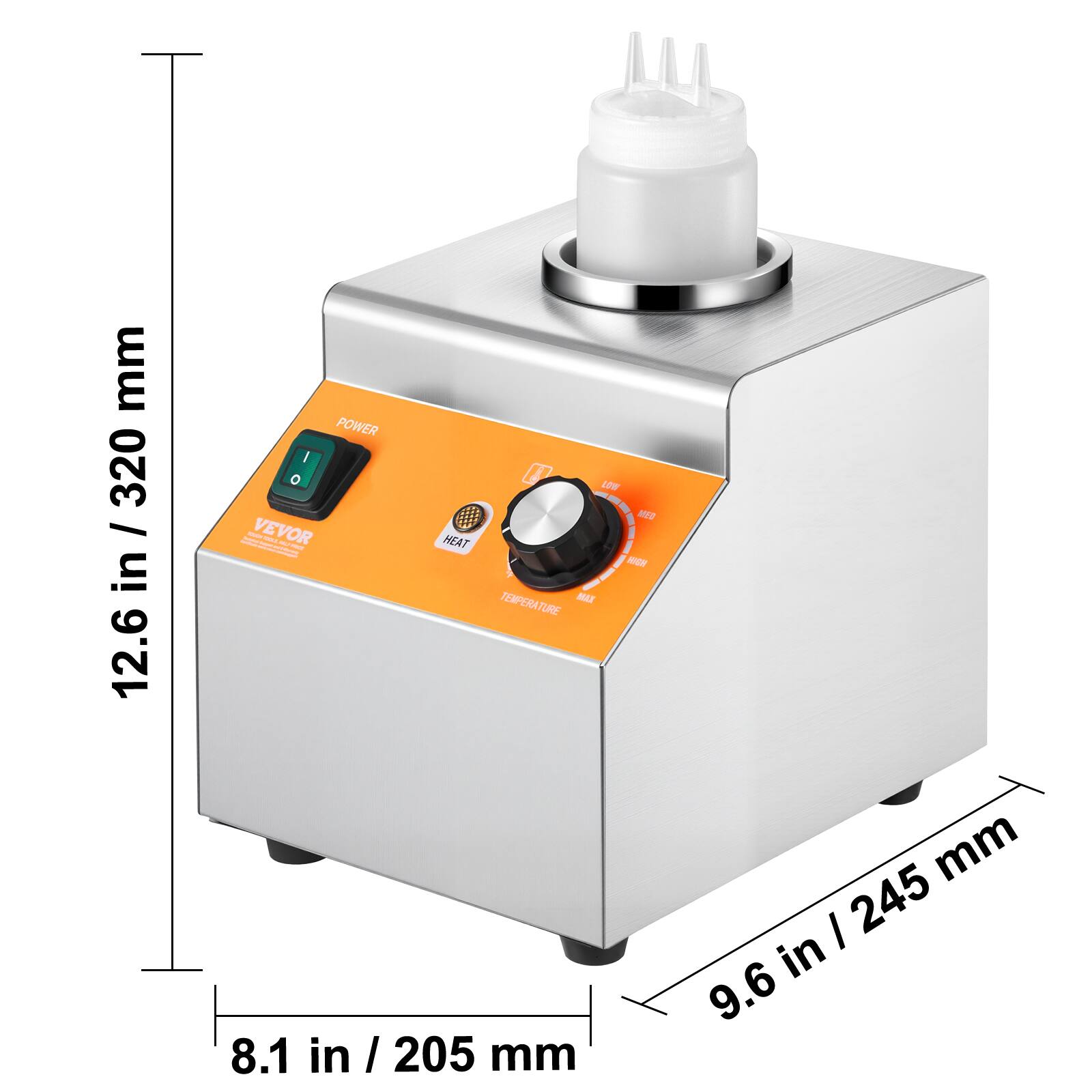 - **Height:** 12.6 in / 320 mm
- **Width:** 9.6 in / 245 mm
- **Depth:** 8.1 in / 205 mm

**Features:**
- **Power:** Button labeled "POWER"
- **Heat:** Dial with settings "LOW" and "HIGH"
- **Temperature:** Dial with settings "COOL" and "HEAT"