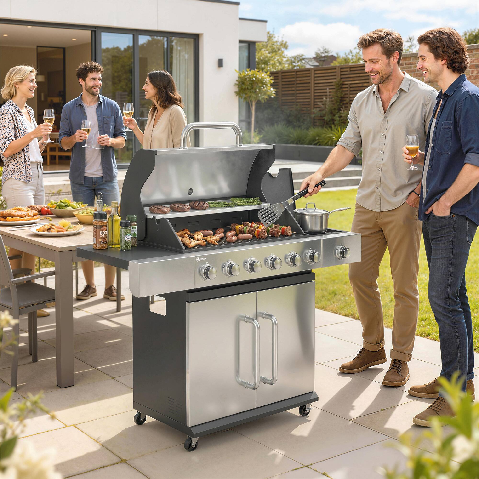 Alt View 1. Outsunny - Burner Propane Gas Grill with Side Burner, Barbecue Grill with Cast Iron Grates, Wheels - Black and Silver.