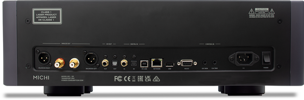 The text on the image reads: "Class 1 Laser Product Appareil Laser de Classe 1 Caution - 7 Watt Sock Nazard-Do Not Open - Chde - Nno Analogue Output Chotal Contrce Salanced Right Output Salanced-Left Output P0-USB Network usa -2 EE NEM K2V THKD ~ Power Michi Model MO: Qn Transport DAC Power Consumption 25W FC UK EAC CA."