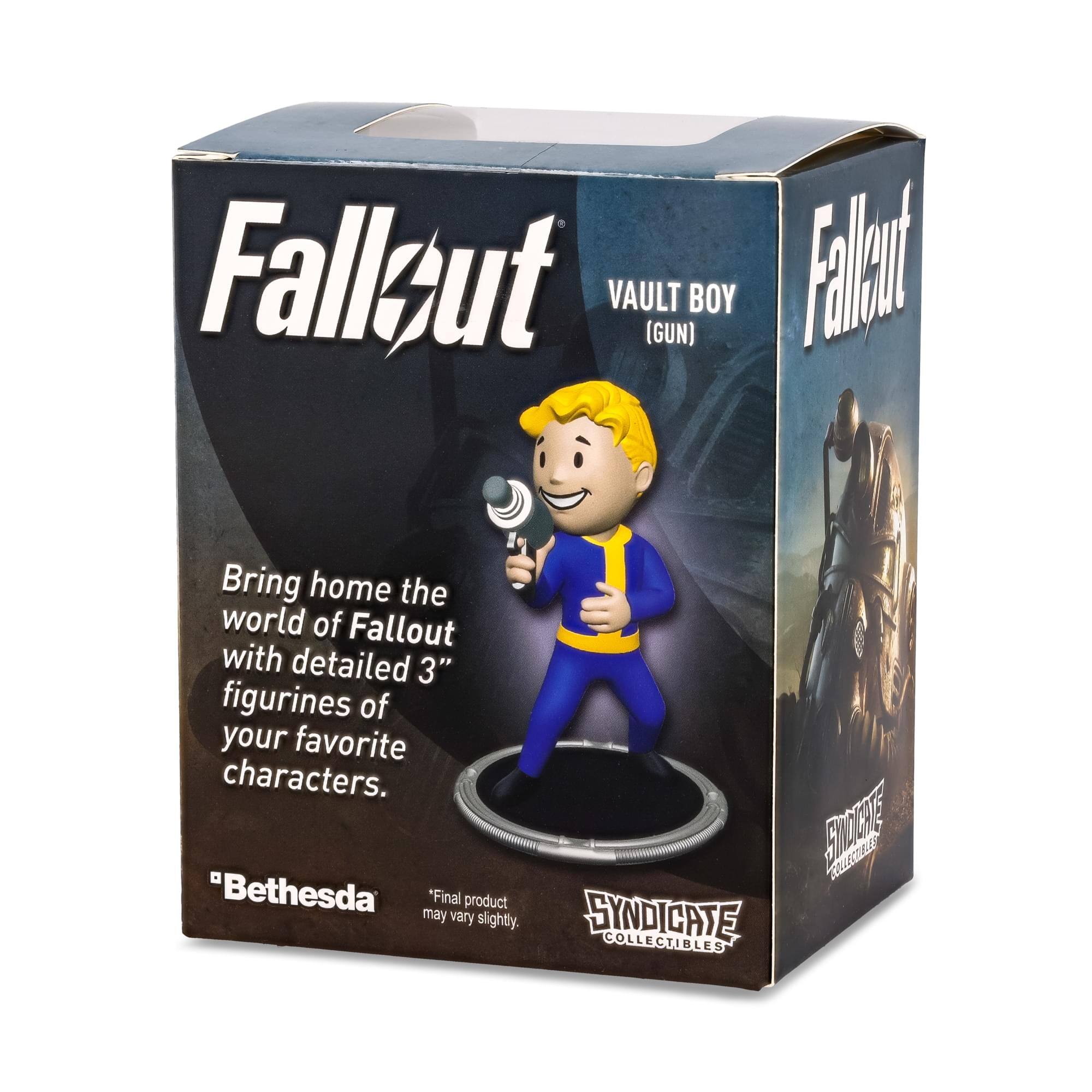Fallout VAULT BOY (GUN)  
Bring home the world of Fallout with detailed 3" figurines of your favorite characters.  
"Bethesda"  
Final product may vary slightly.  
SYNDICATE COLLECTIBLES