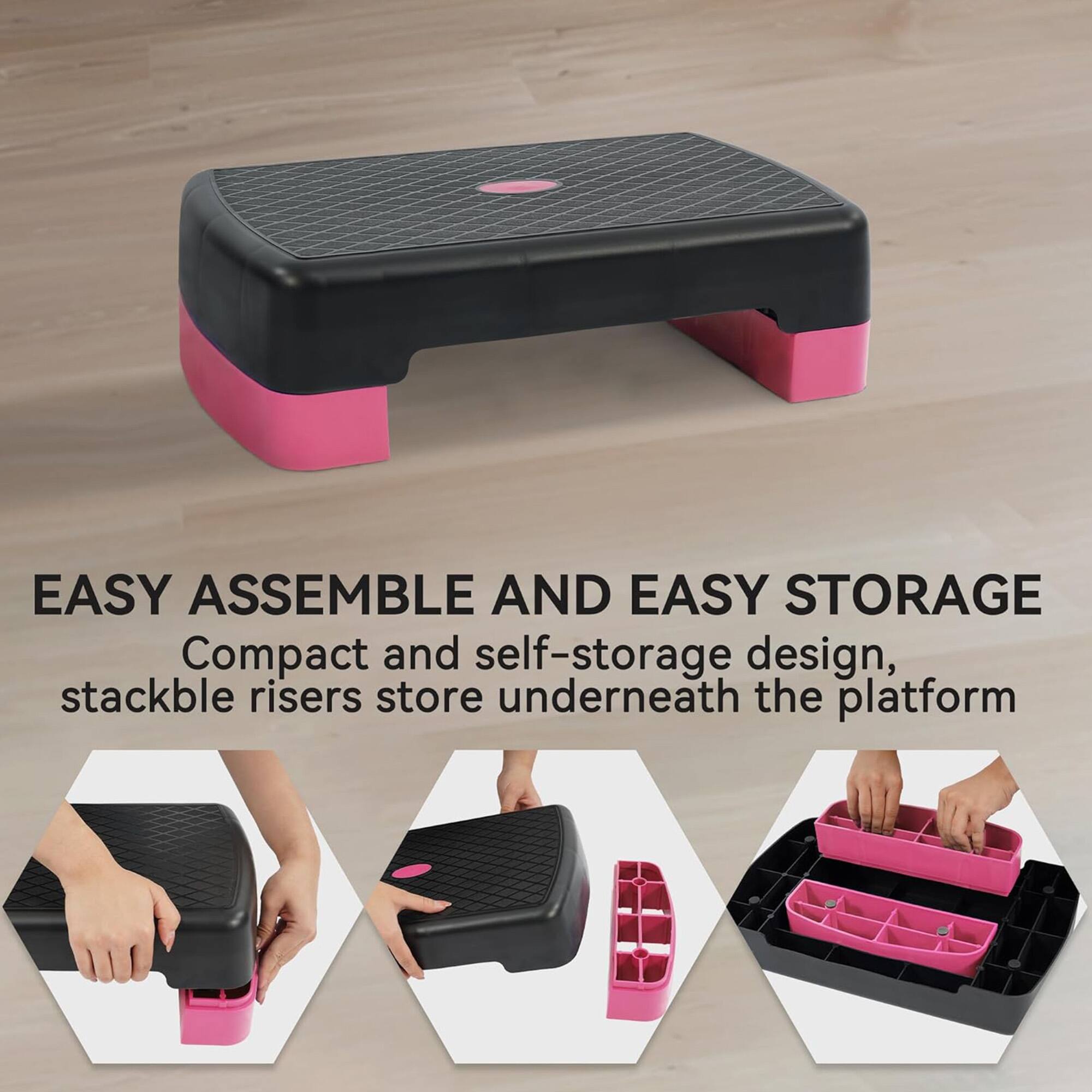 EASY ASSEMBLE AND EASY STORAGE  
Compact and self-storage design, stackable risers store underneath the platform