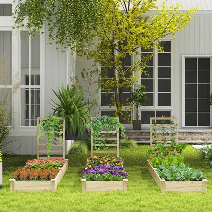 Front. Mondawe - Raised Garden Bed with Planter Box and Trellis for Climbing Plants, 2 Compartments - Light/Pastel Brown.