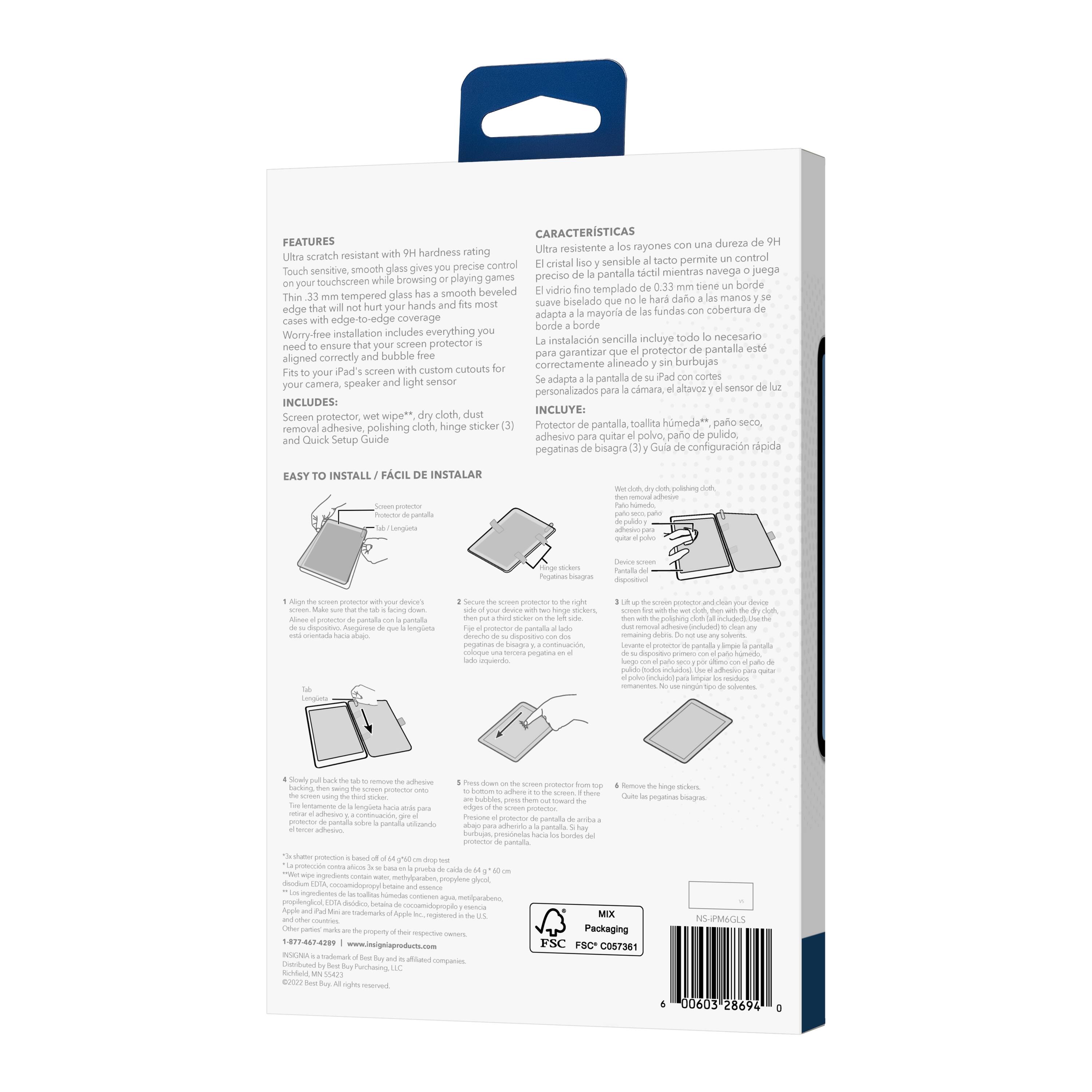 The image shows a box with a blue background and white text. The text describes the features of the product, which is a screen protector for a smartphone. The box contains a screen protector, a wipe, and a dry cloth. The box also includes a hinge sticker for easy installation. The product is designed to protect the smartphone's screen from scratches and other damages, ensuring a smooth and precise touch experience while using the device.