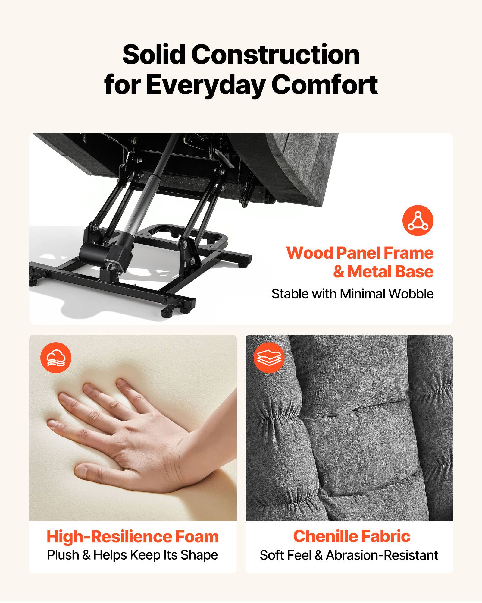 Solid Construction for Everyday Comfort

- Wood Panel Frame & Metal Base
  - Stable with Minimal Wobble

- High-Resilience Foam
  - Plush & Helps Keep Its Shape

- Chenille Fabric
  - Soft Feel & Abrasion-Resistant