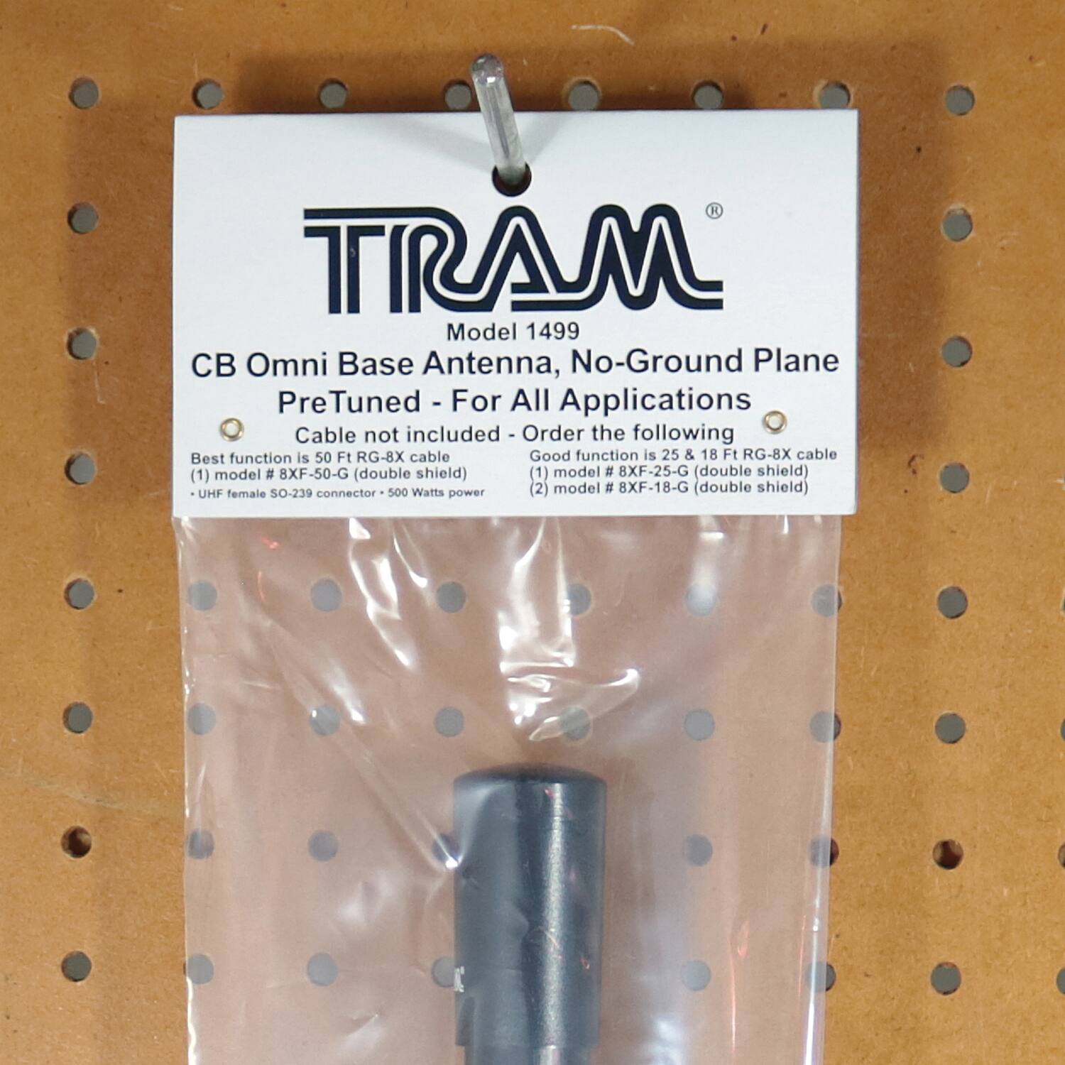 TRAM  
Model 1499  
CB Omni Base Antenna, No-Ground Plane  
PreTuned - For All Applications  
Cable not included  

Order the following:  
Best function is 50 Ft RG-8X cable  
(1) model # 8XF-50-G (double shield)  
- UHF female SO-239 connector - 500 Watts power  

Good function is 25 & 18 Ft RG-8X cable  
(1) model # 8XF-25-G (double shield)  
(2) model # 8XF-18-G (double shield)