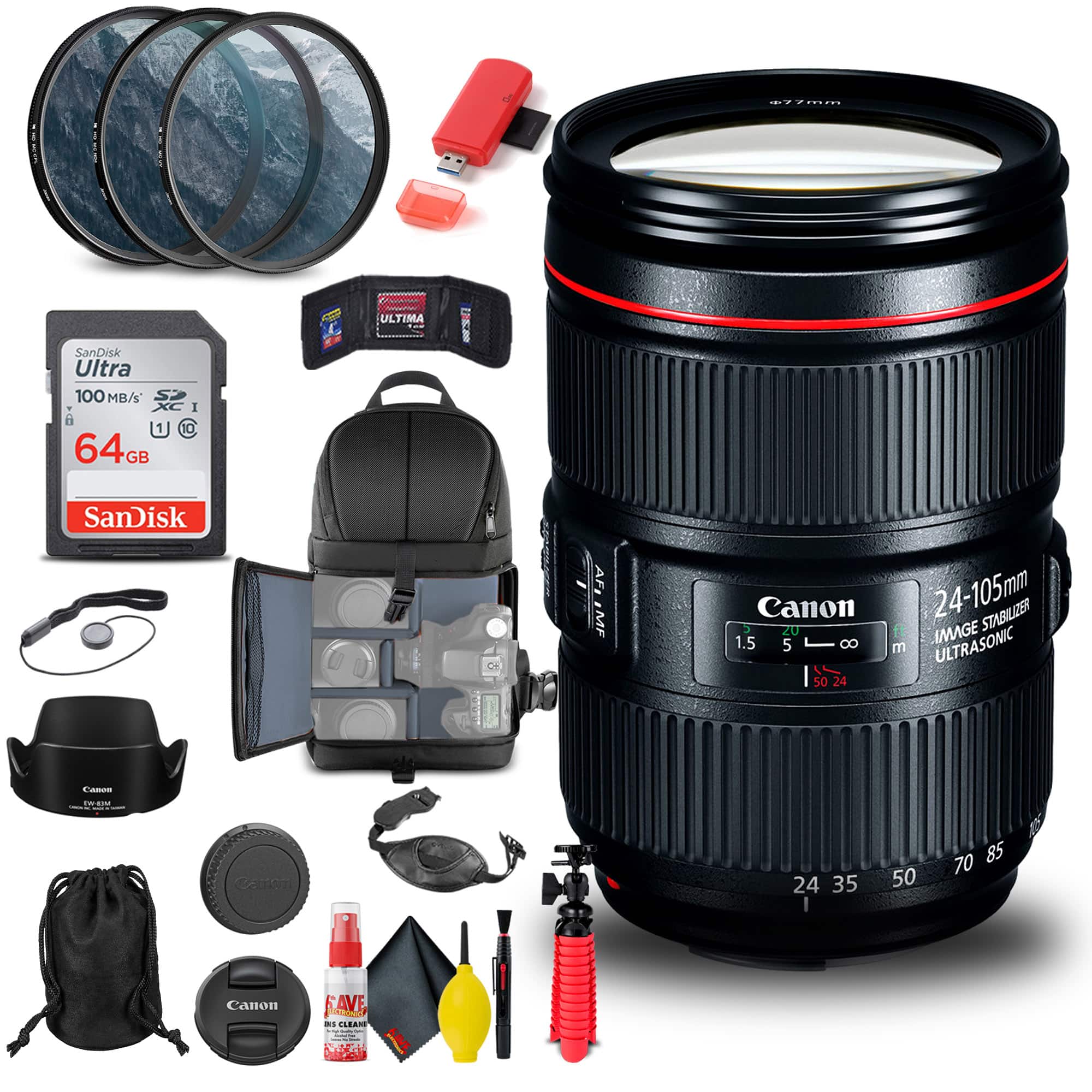 Canon - EF 24-105mm f/4L IS II USM Lens (1380C002) + Filter Kit + BackPack Basic Bundle (International Version)